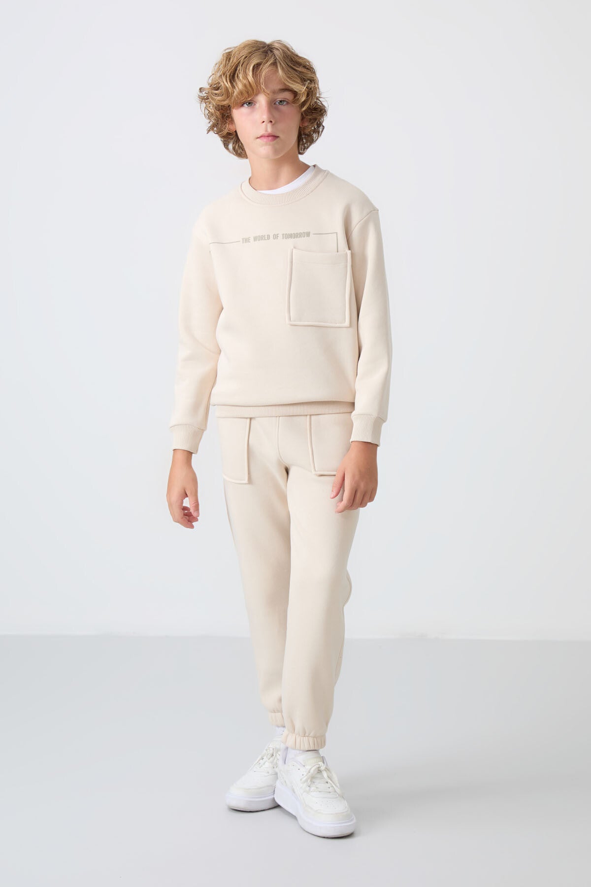 Bej Pamuklu Kalın İçi Tüylü Yumuşak Dokulu Standart Fit Baskılı Erkek Çocuk Eşofman Takım - 11257