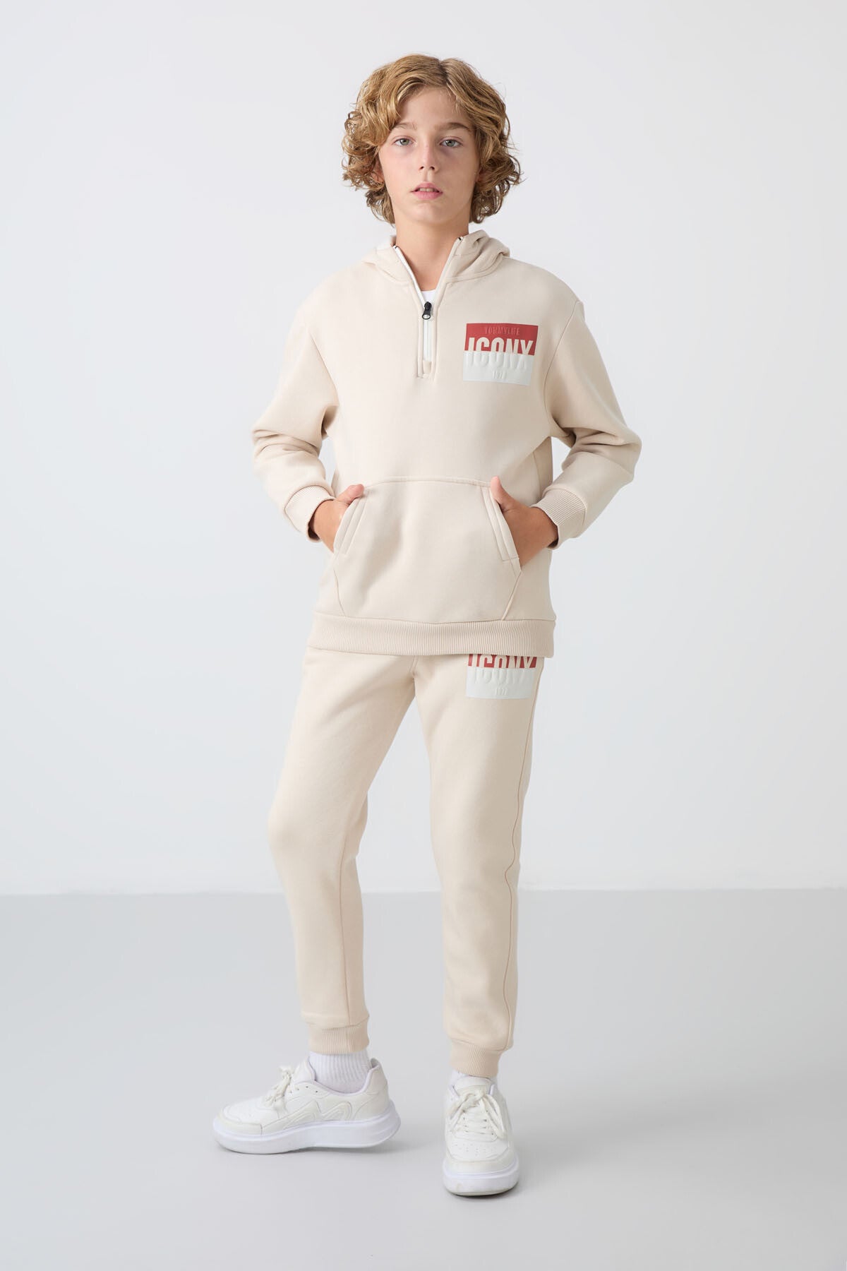 Bej Pamuklu Kalın İçi Tüylü Yumuşak Dokulu Standart Fit Baskılı Erkek Çocuk Eşofman Takım - 11246