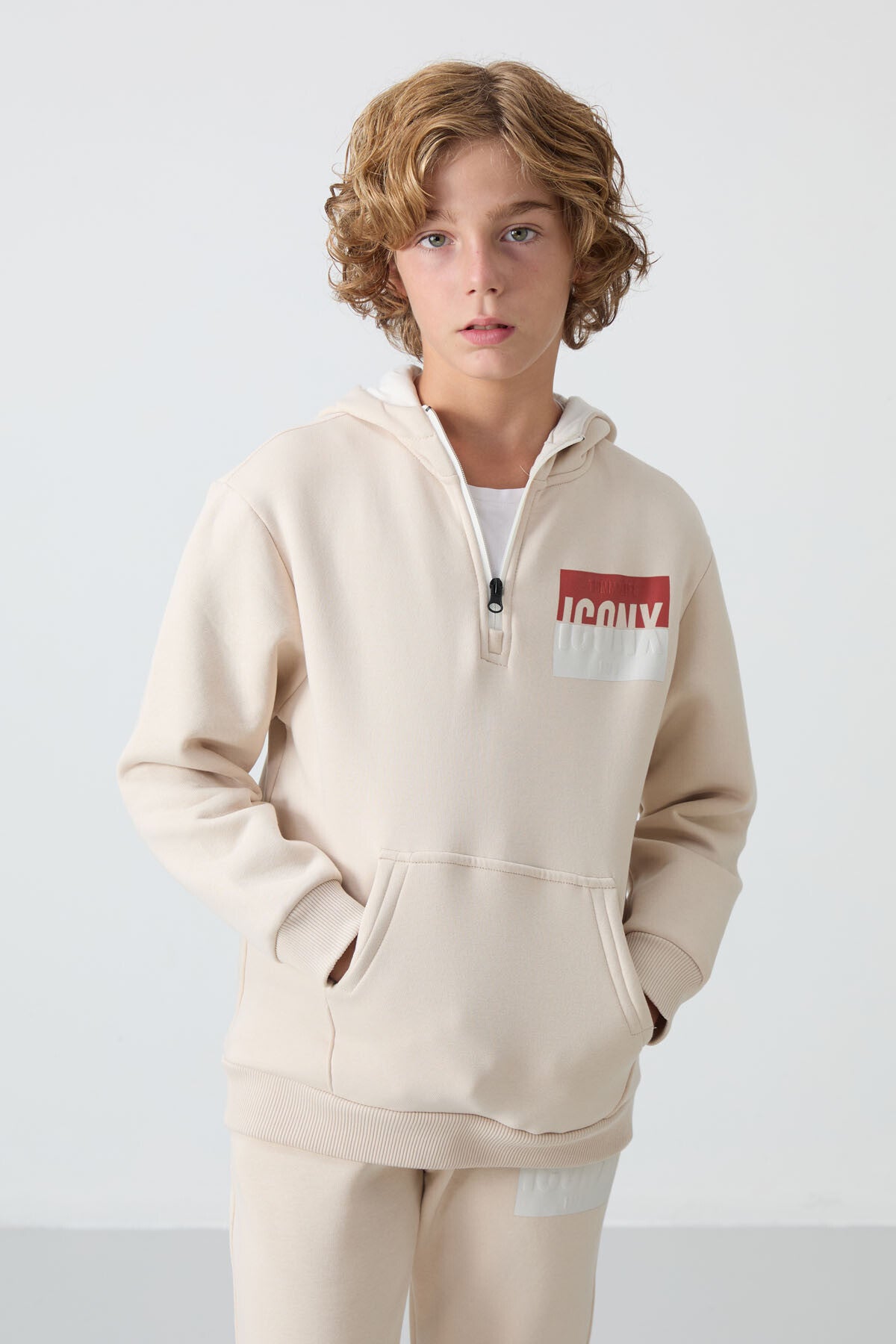 Bej Pamuklu Kalın İçi Tüylü Yumuşak Dokulu Standart Fit Baskılı Erkek Çocuk Eşofman Takım - 11246