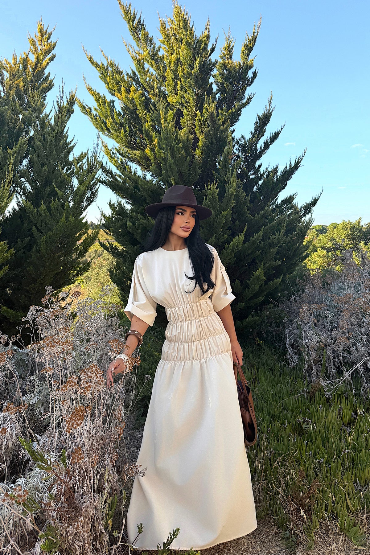 Bej Volant Uzun Elbise ATE-3423