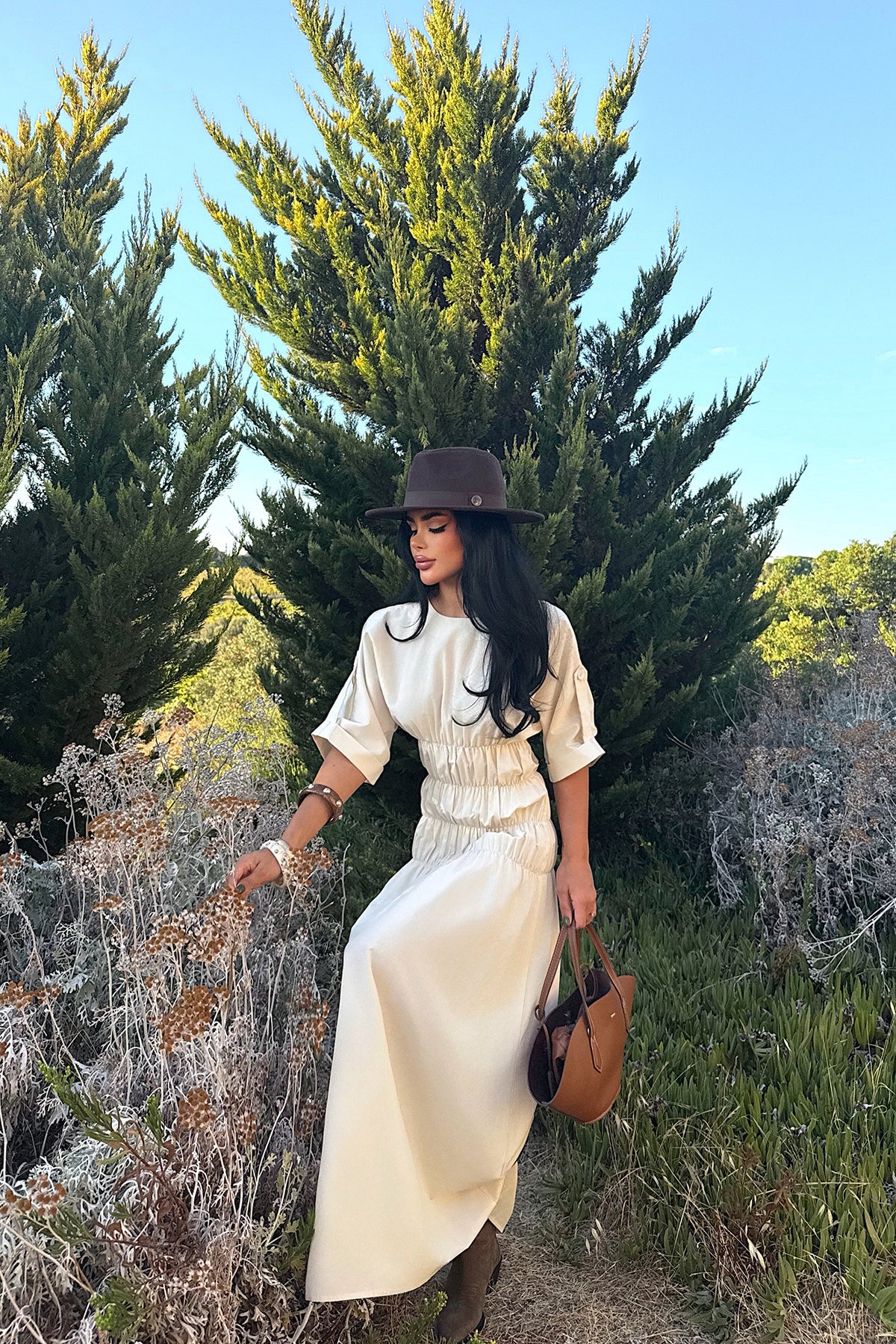 Bej Volant Uzun Elbise ATE-3423