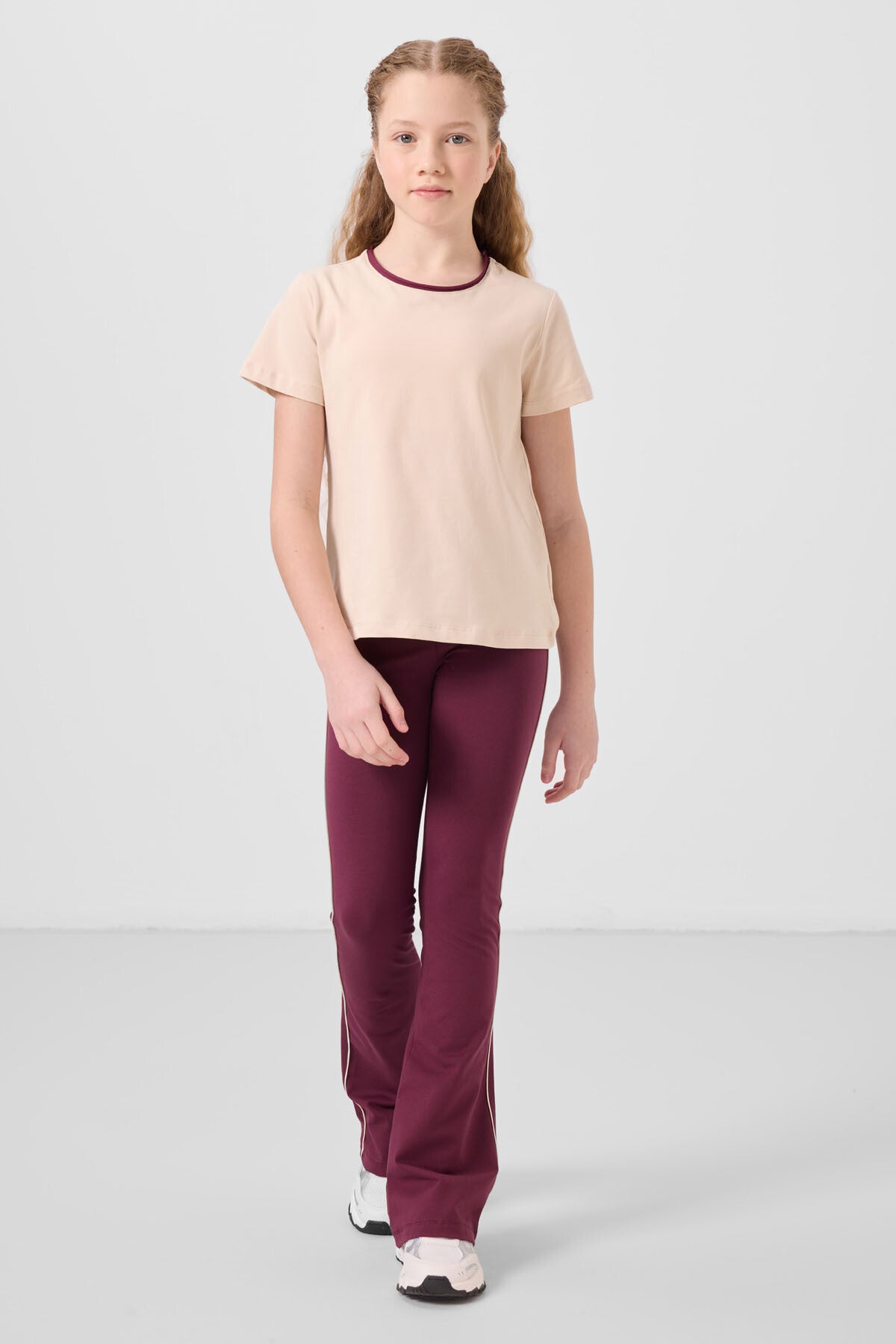 Bej-Bordo Pamuklu O Yaka Standart Fit Basic İspanyol Paça Kız Çocuk Tayt Takım - 75192