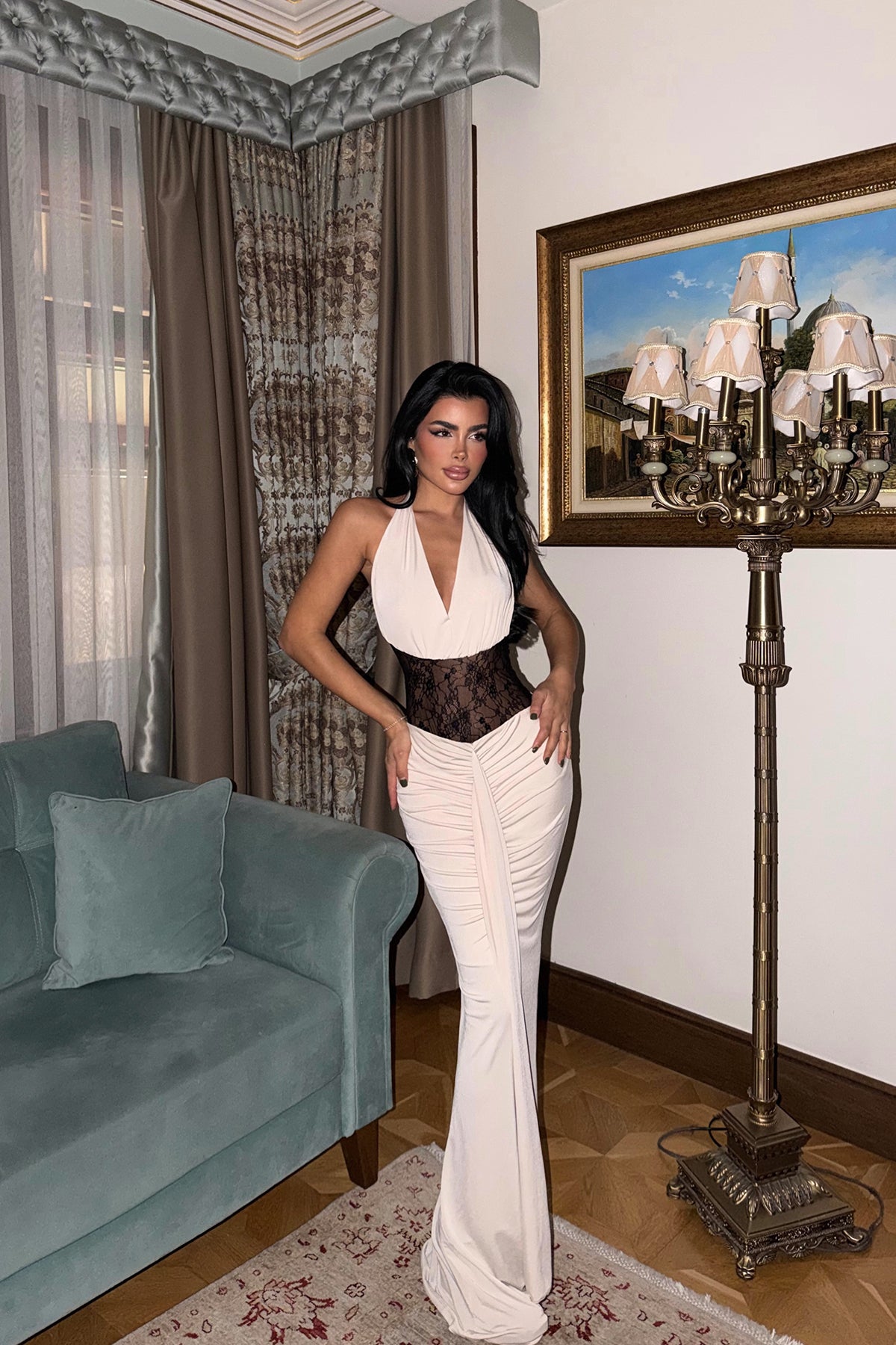 Bej Nutty Dantel Detaylı Elbise ATE-3838