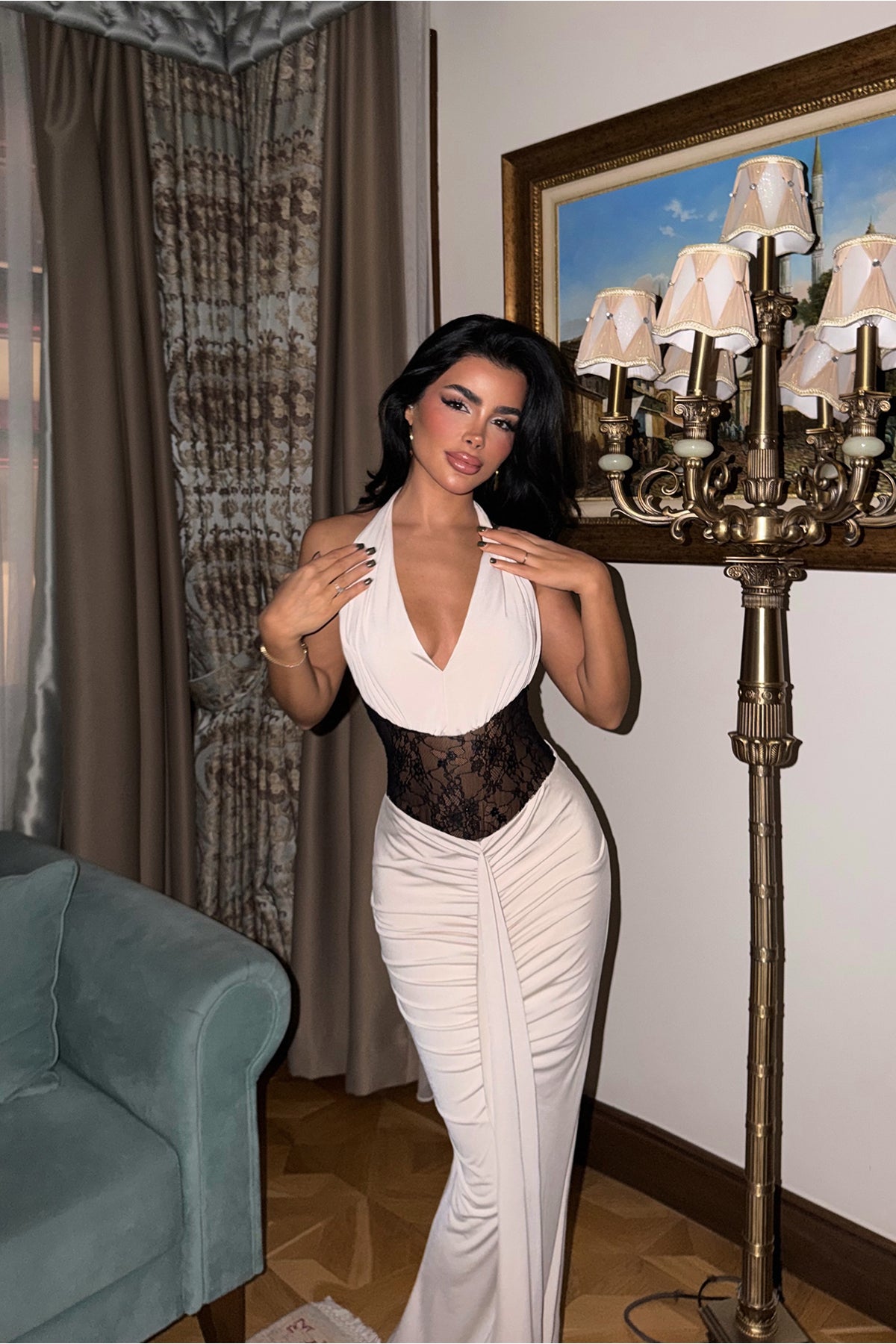 Bej Nutty Dantel Detaylı Elbise ATE-3838