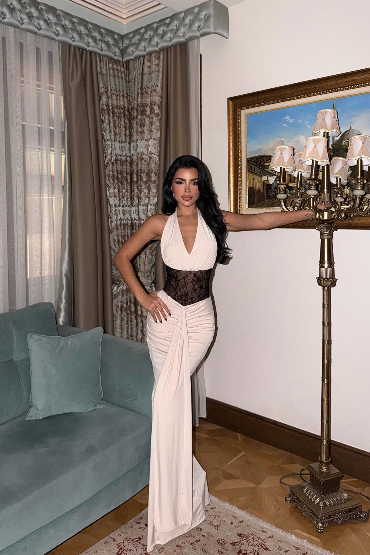 Bej Nutty Dantel Detaylı Elbise ATE-3838