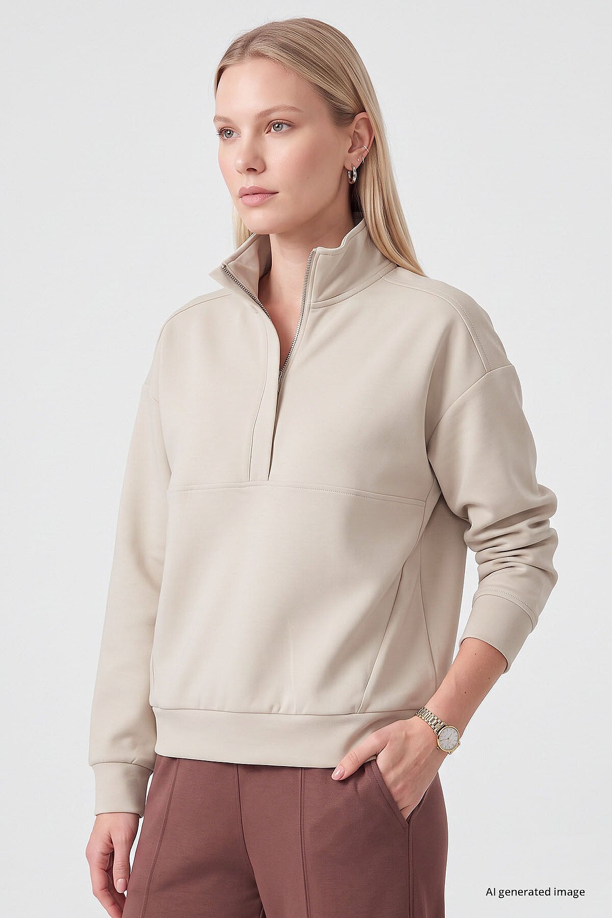 Bej Dik Yaka Fermuarlı Rahat Form Kadın Sweatshirt - 97314