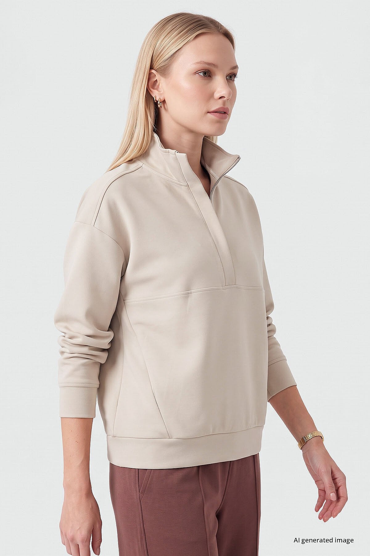 Bej Dik Yaka Fermuarlı Rahat Form Kadın Sweatshirt - 97314
