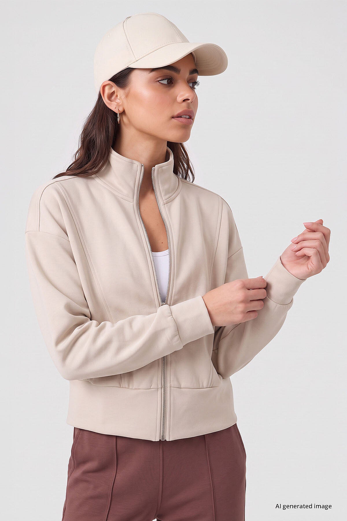 Bej Dik Yaka Standart Kalıp Crop Kadın Sweatshirt - 97317