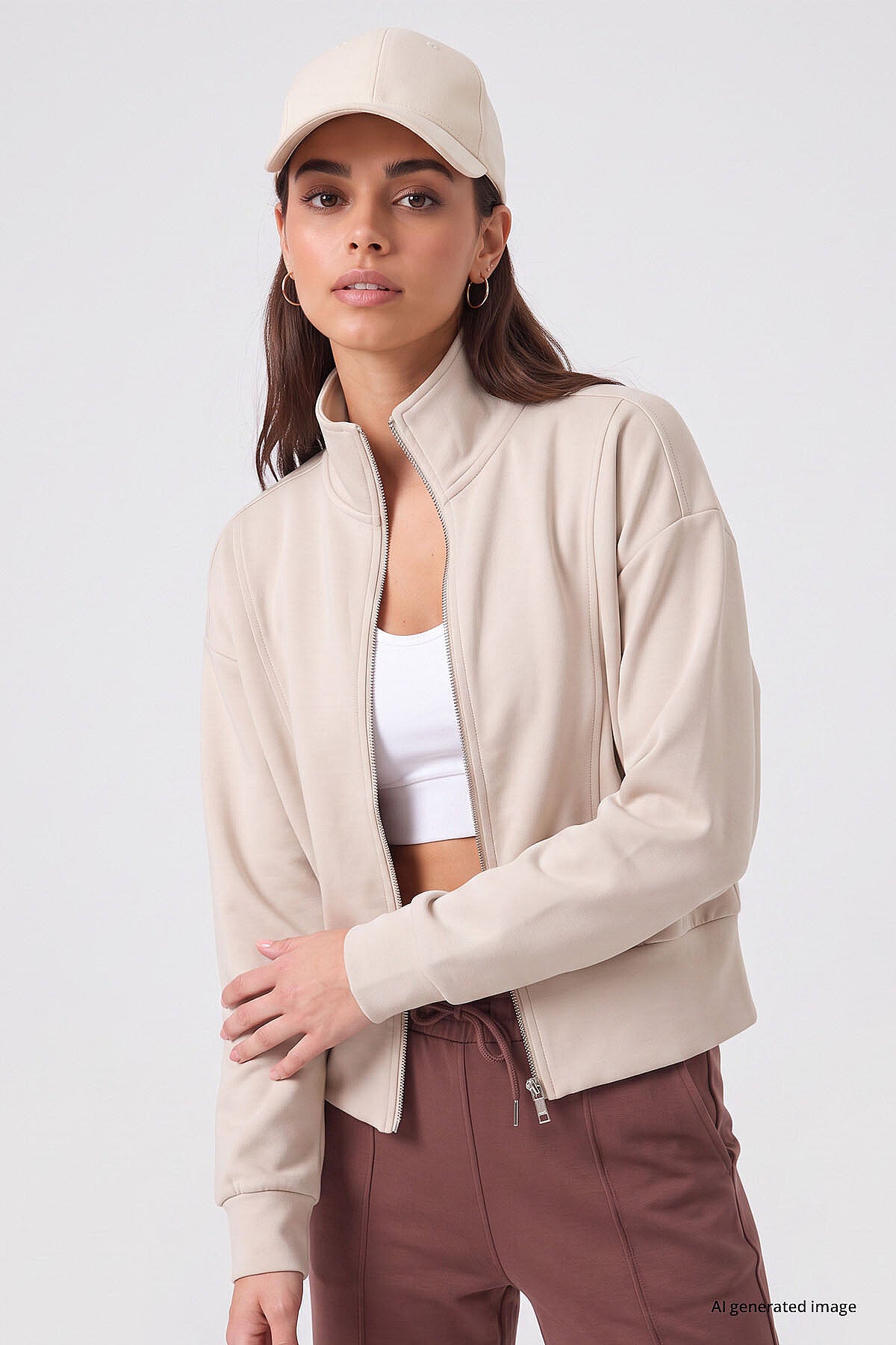 Bej Dik Yaka Standart Kalıp Crop Kadın Sweatshirt - 97317
