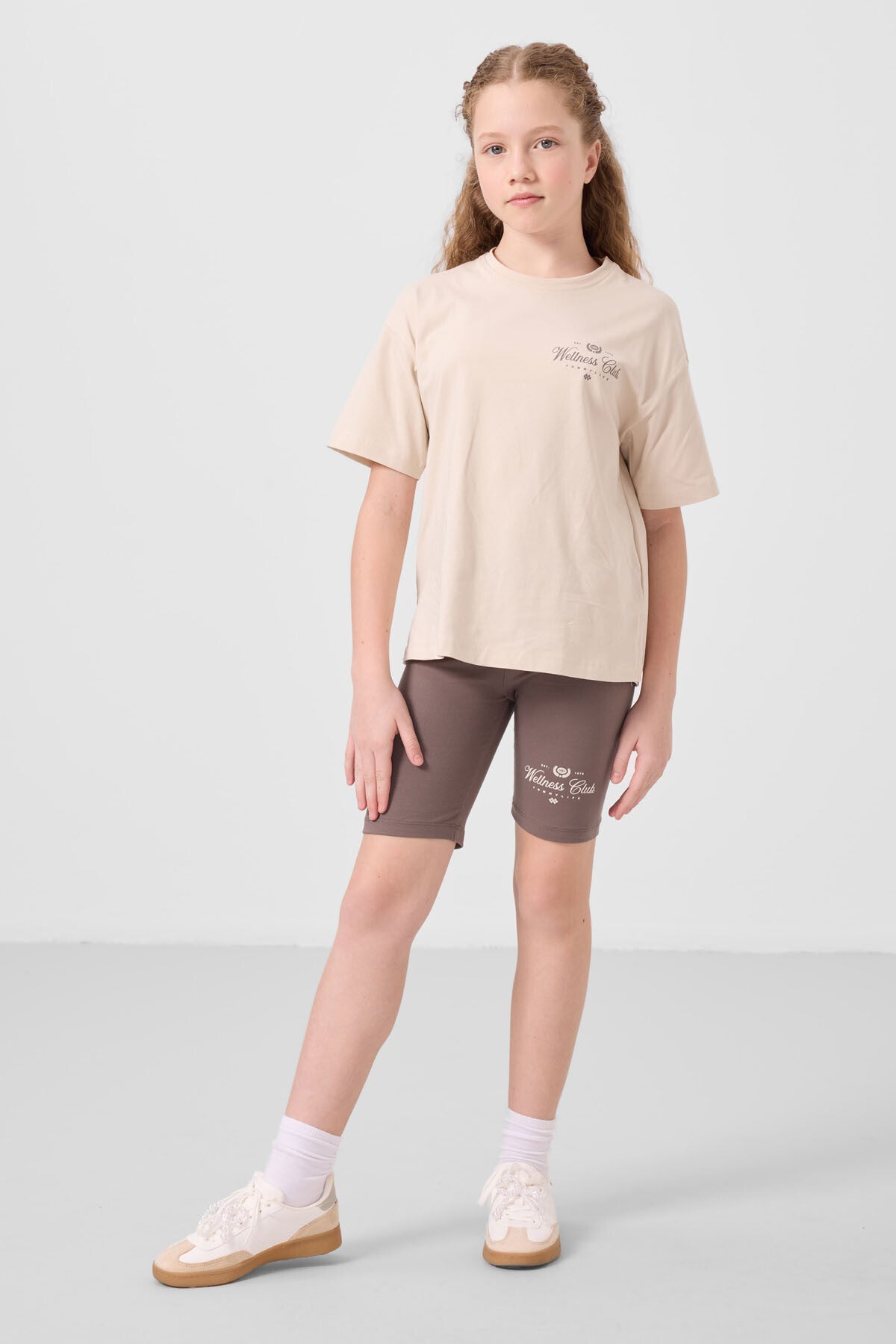Bej-Kahverengi Pamuklu O Yaka Standart Fit Baskılı Kız Çocuk Tayt Takım - 75190