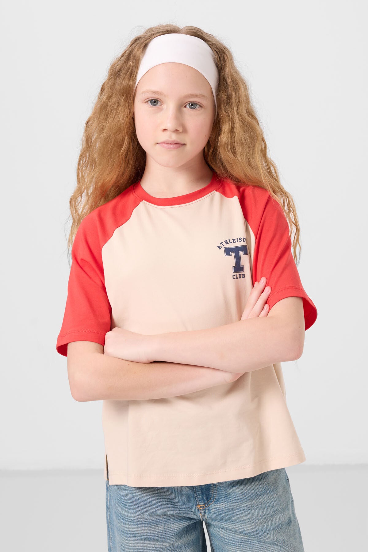 Bej O Yaka Pamuklu Baskılı Oversize Fit Kız Çocuk T-Shirt - 75179