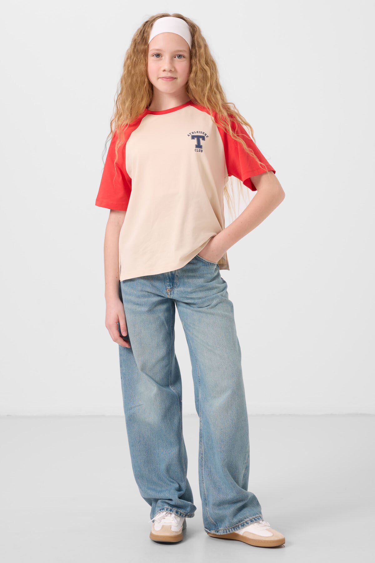 Bej O Yaka Pamuklu Baskılı Oversize Fit Kız Çocuk T-Shirt - 75179