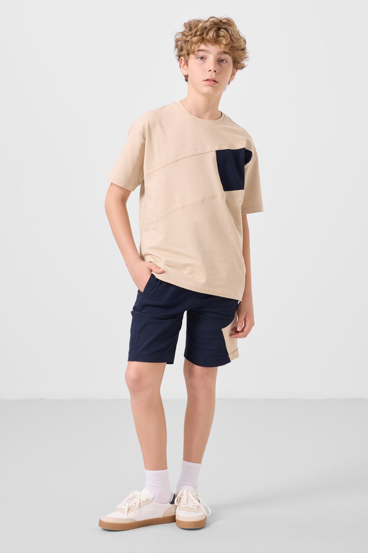 Bej-Lacivert Pamuklu Oversize Fit Dokuma Hafif Esnek Chino Erkek Çocuk Şort Takım - 11275