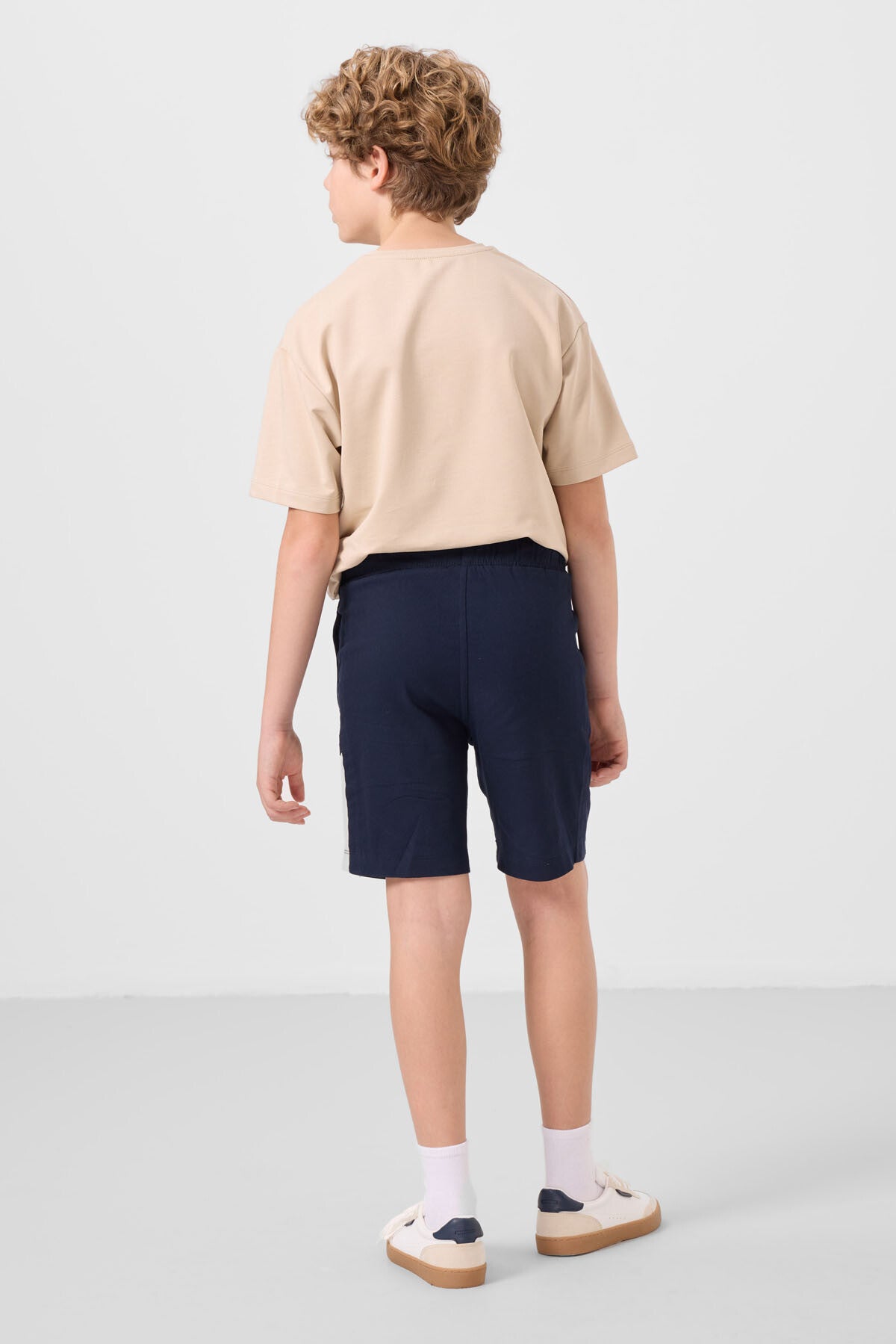 Bej-Lacivert Pamuklu Oversize Fit Dokuma Hafif Esnek Chino Erkek Çocuk Şort Takım - 11275