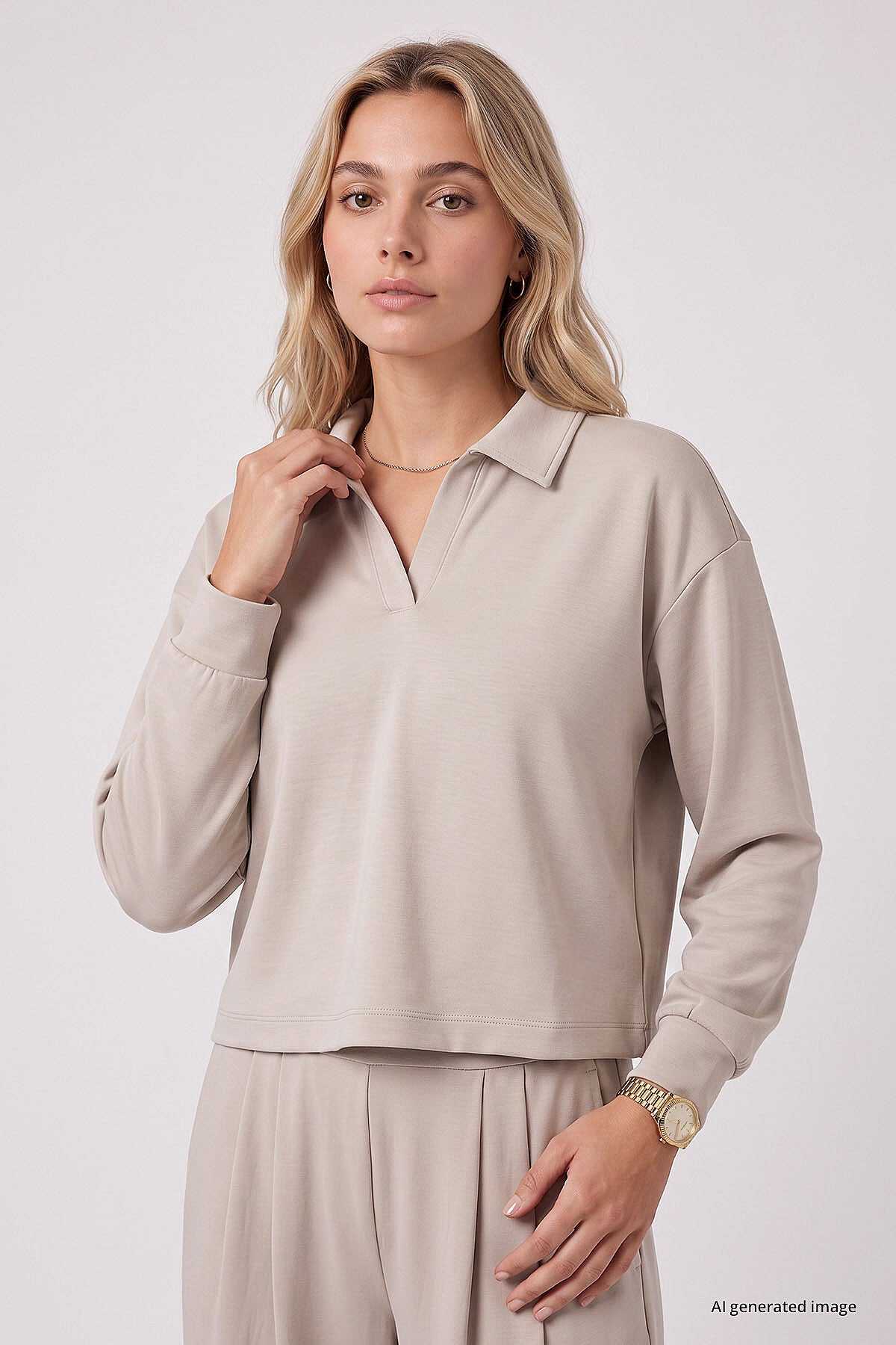 Bej Polo Yaka Rahat Form Geniş Paça Kadın Eşofman Takım - 95358
