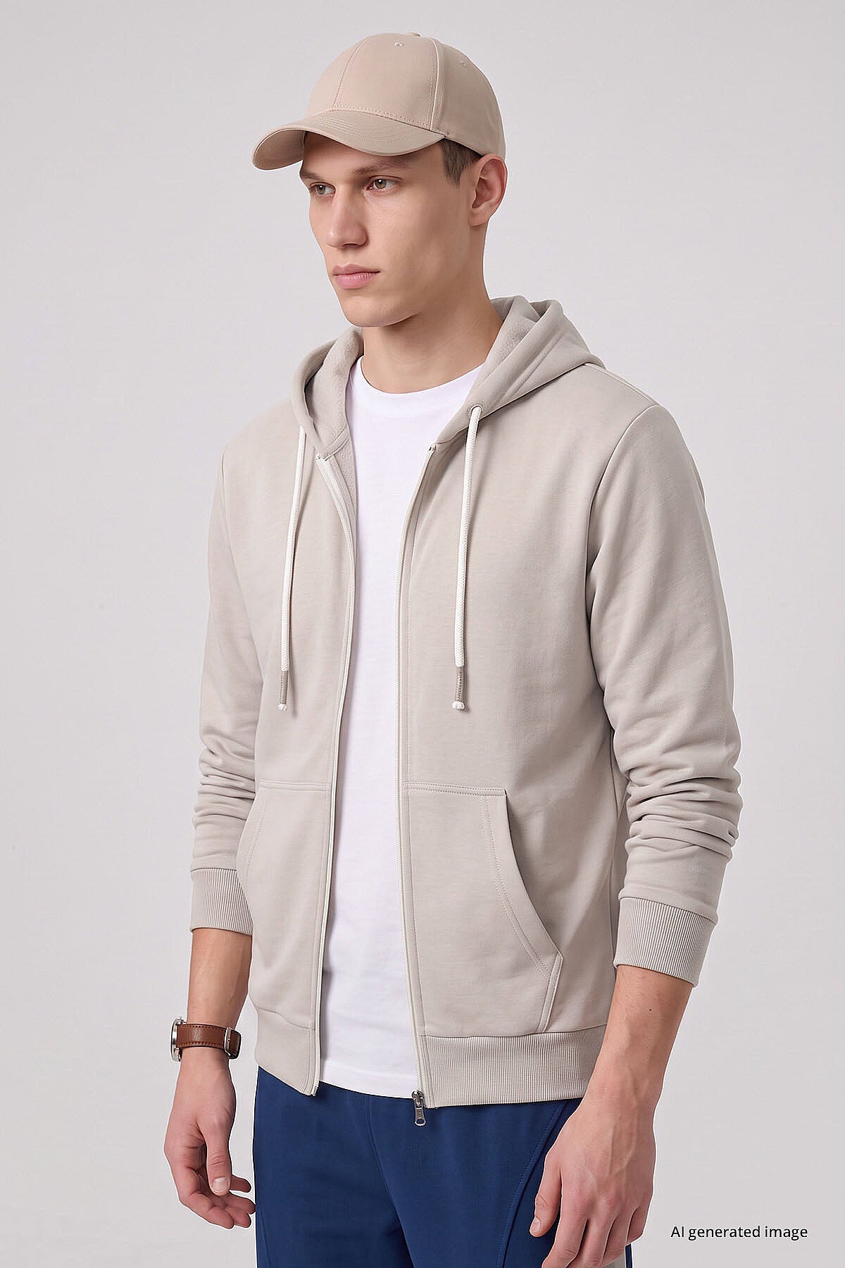 Bej Standart Kalıp Basic Fermuarlı Erkek Sweatshirt - 88514