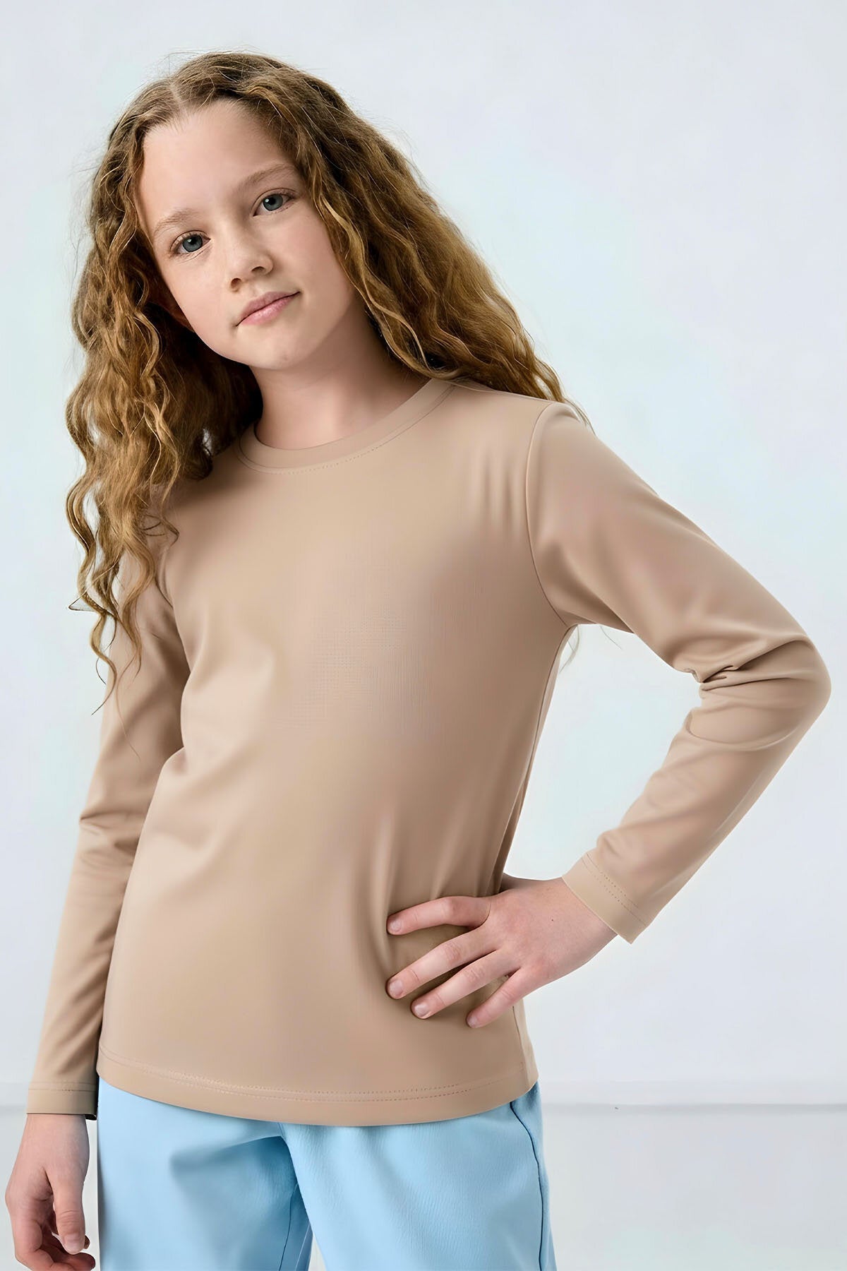 Bej O Yaka Standart Fit Basic Uzun Kollu Unisex Çocuk T-Shirt - 11329