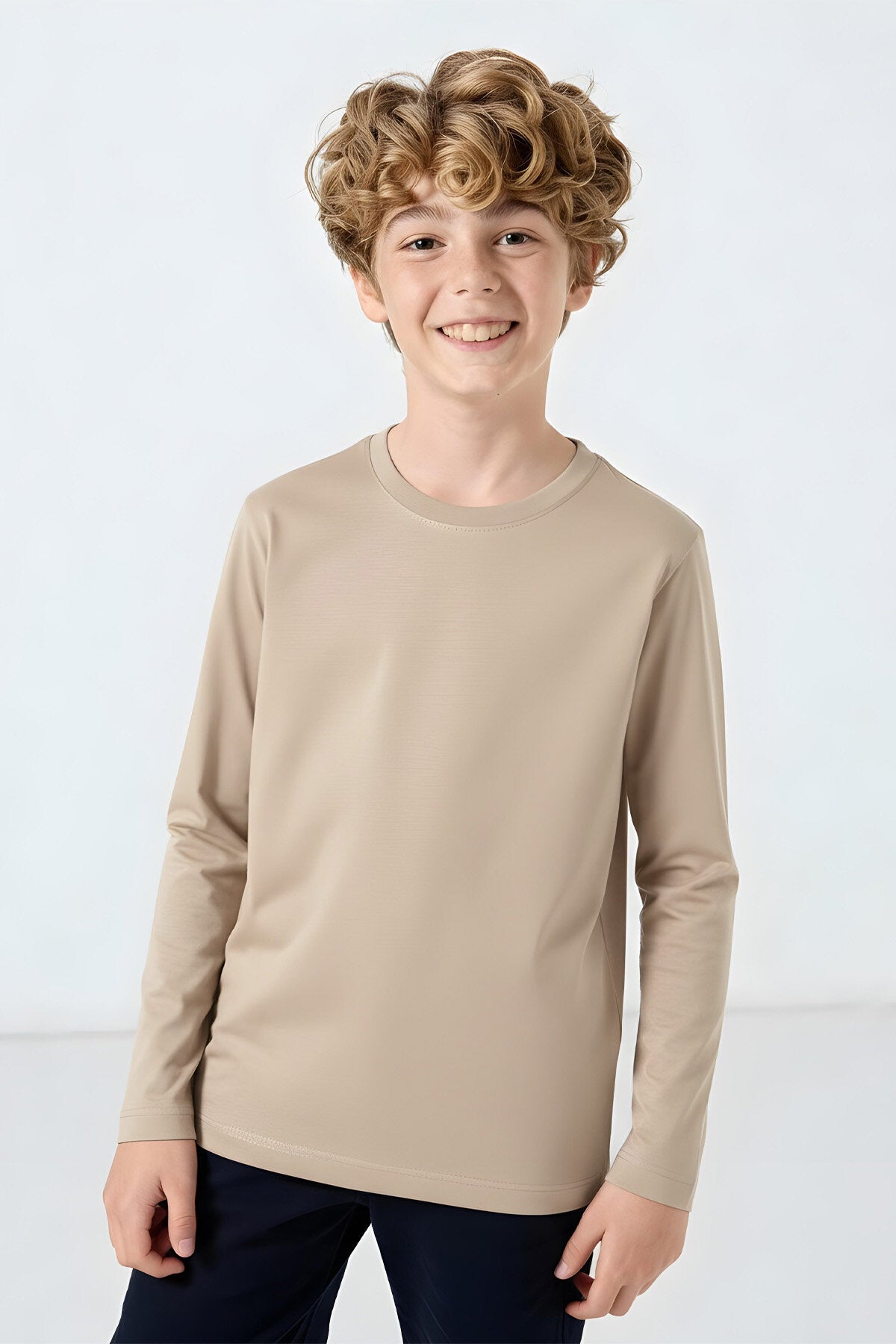 Bej O Yaka Standart Fit Basic Uzun Kollu Unisex Çocuk T-Shirt - 11329