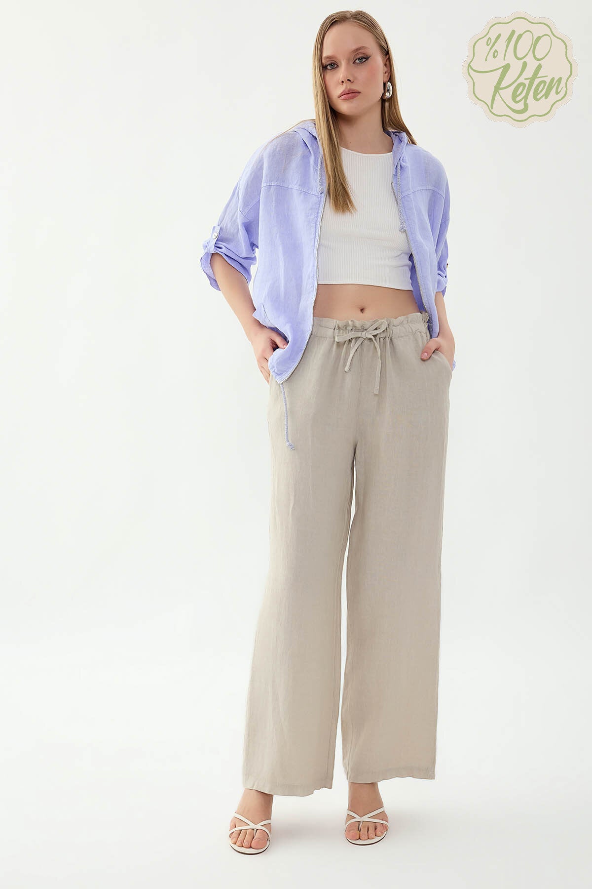 %100 Keten Beli Bağcıklı Pantolon