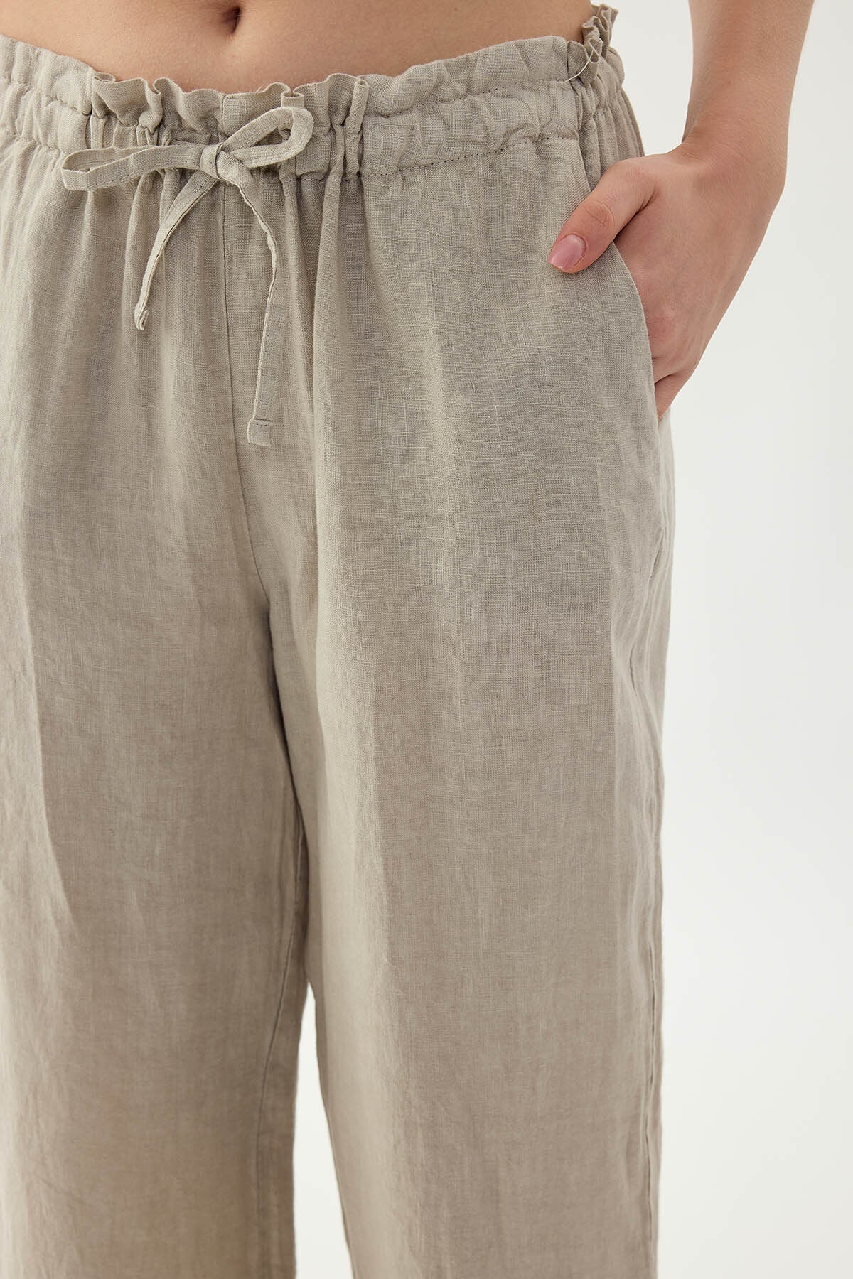%100 Keten Beli Bağcıklı Pantolon