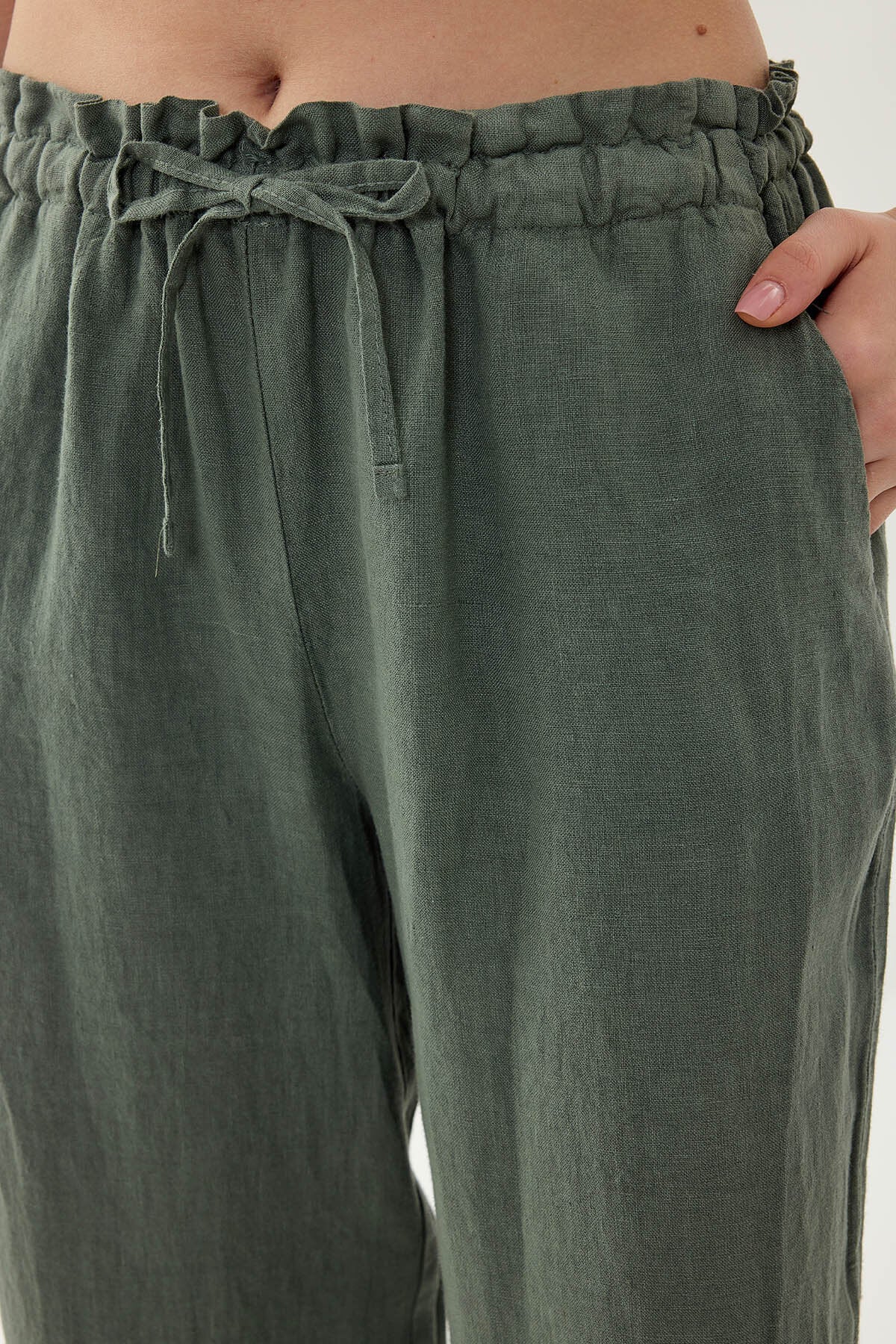 %100 Keten Beli Bağcıklı Pantolon