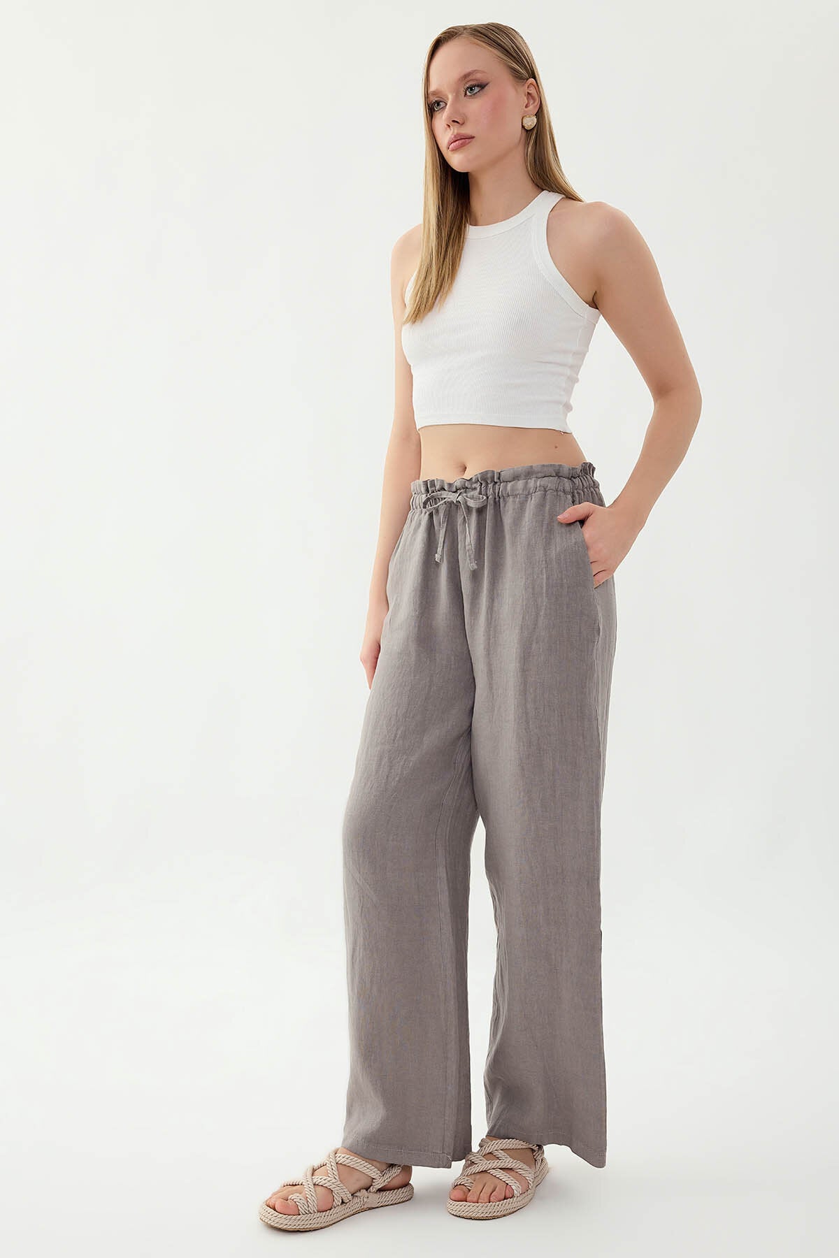 %100 Keten Beli Bağcıklı Pantolon