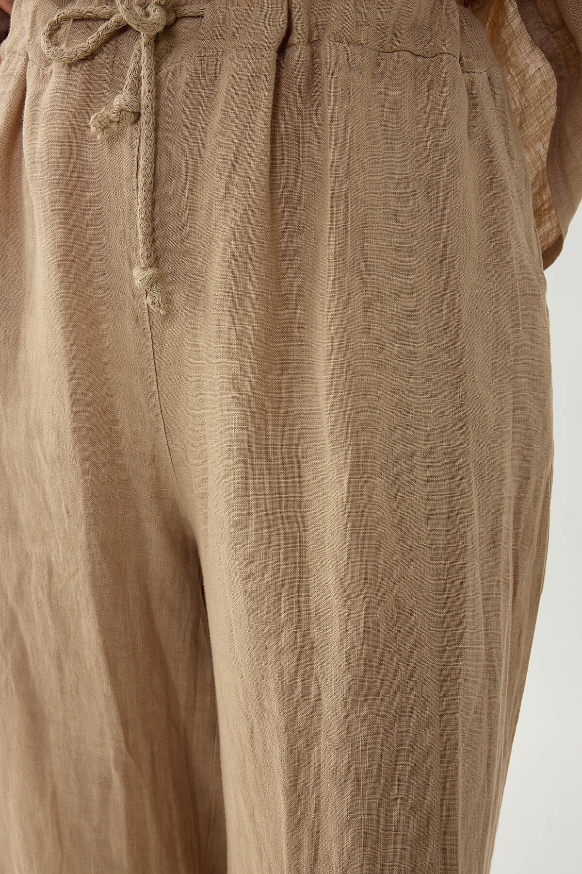 %100 Keten Beli İp Bağlamalı Geniş Paça Pantolon