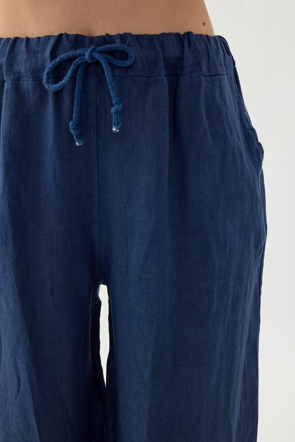 %100 Keten Beli İp Bağlamalı Geniş Paça Pantolon