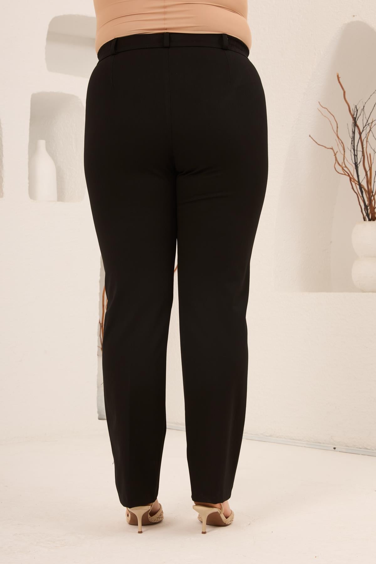 Beli Lastikli Büyük Beden Gabardin Geniş Paça Pantolon Siyah