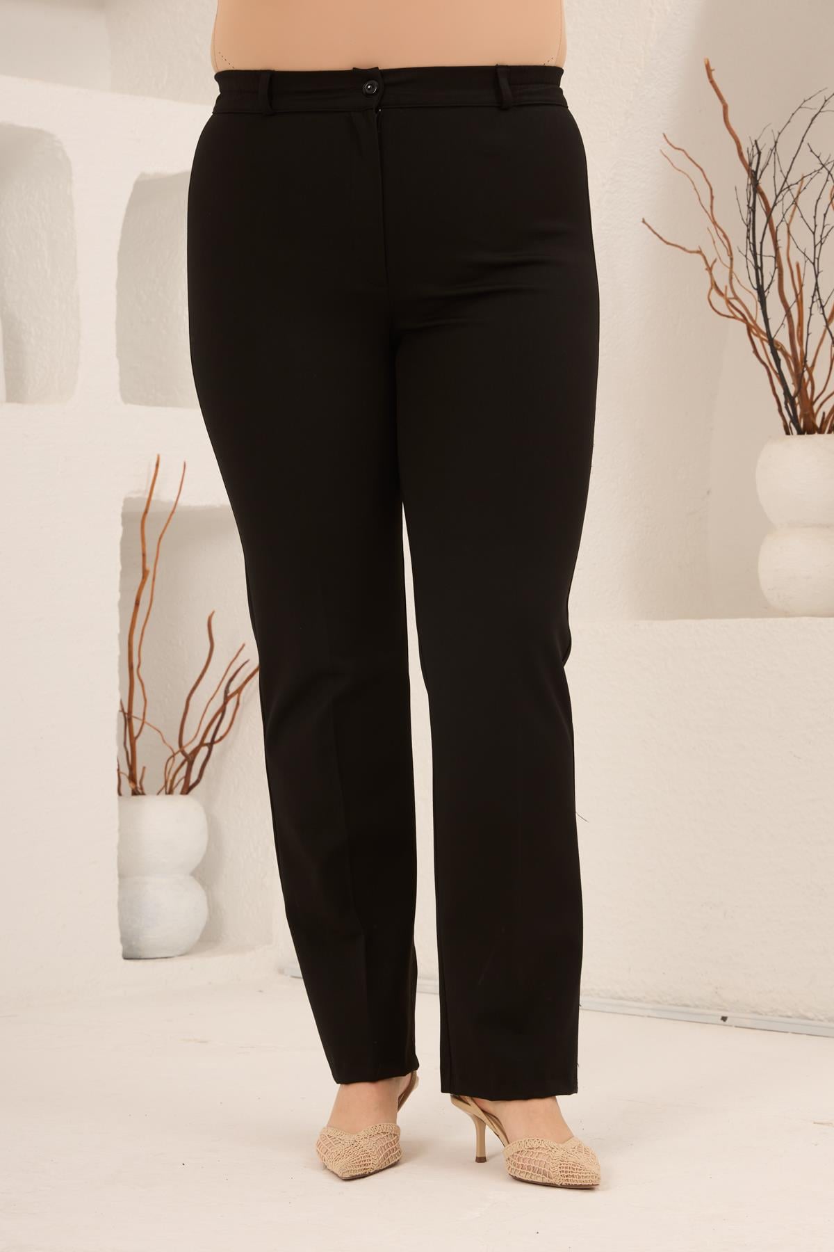 Beli Lastikli Büyük Beden Gabardin Geniş Paça Pantolon Siyah