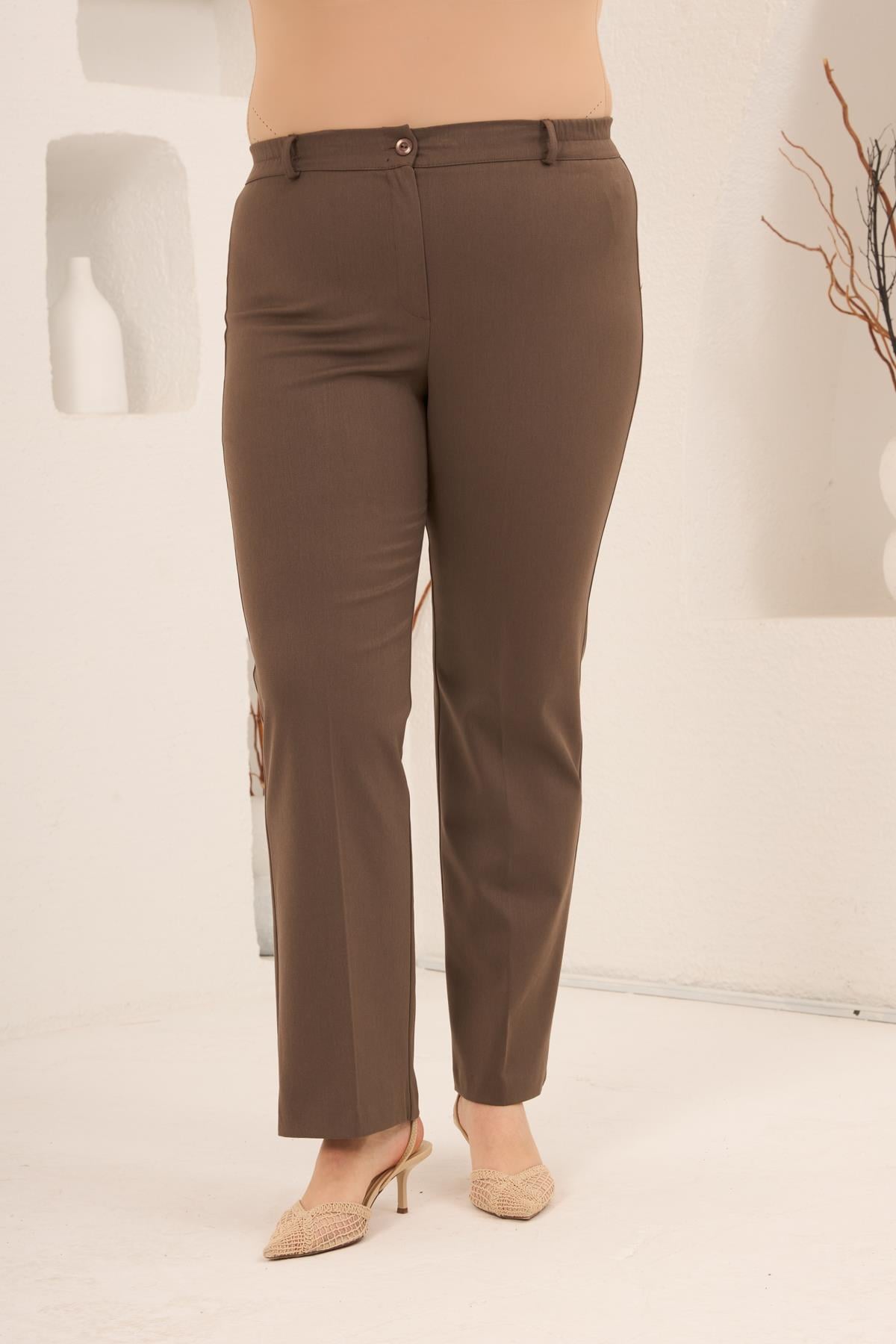 Beli Lastikli Büyük Beden Gabardin Geniş Paça Pantolon Vizon