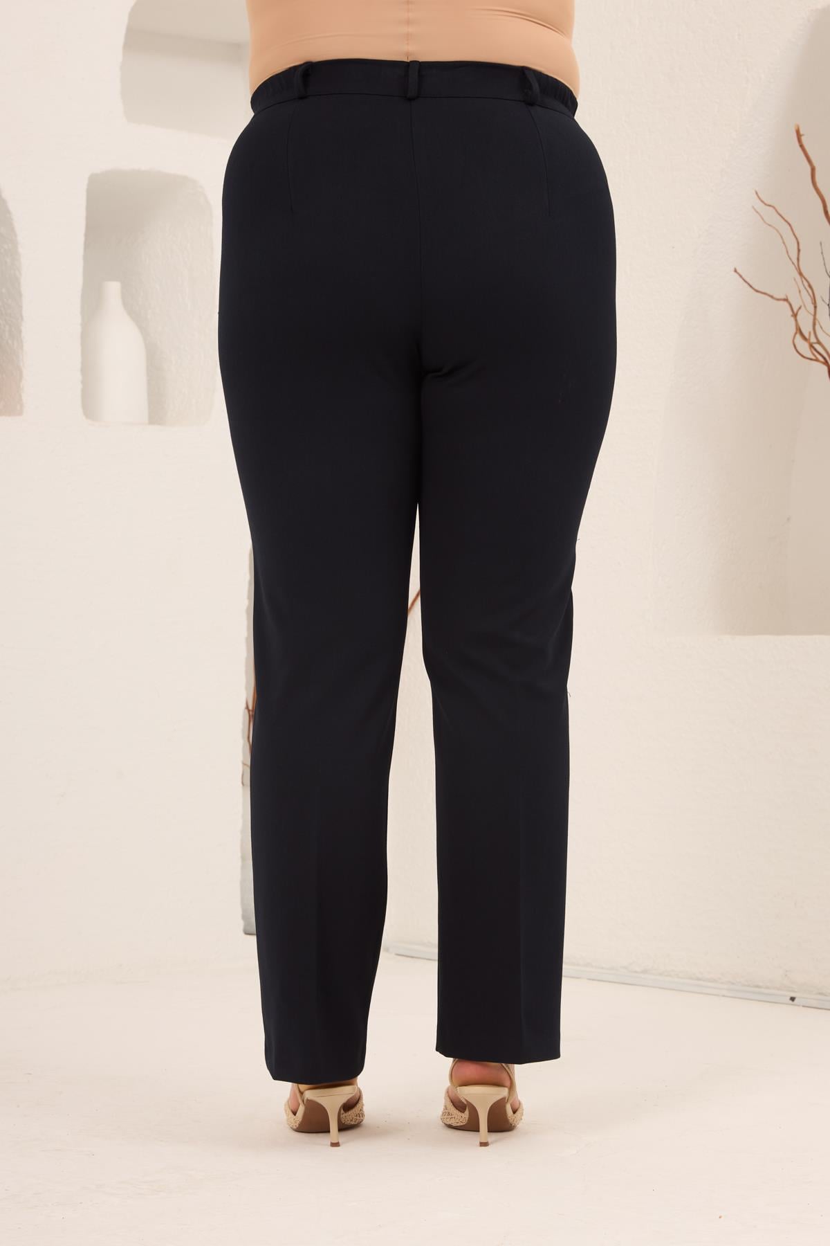 Beli Lastikli Büyük Beden Gabardin Geniş Paça Pantolon Lacivert