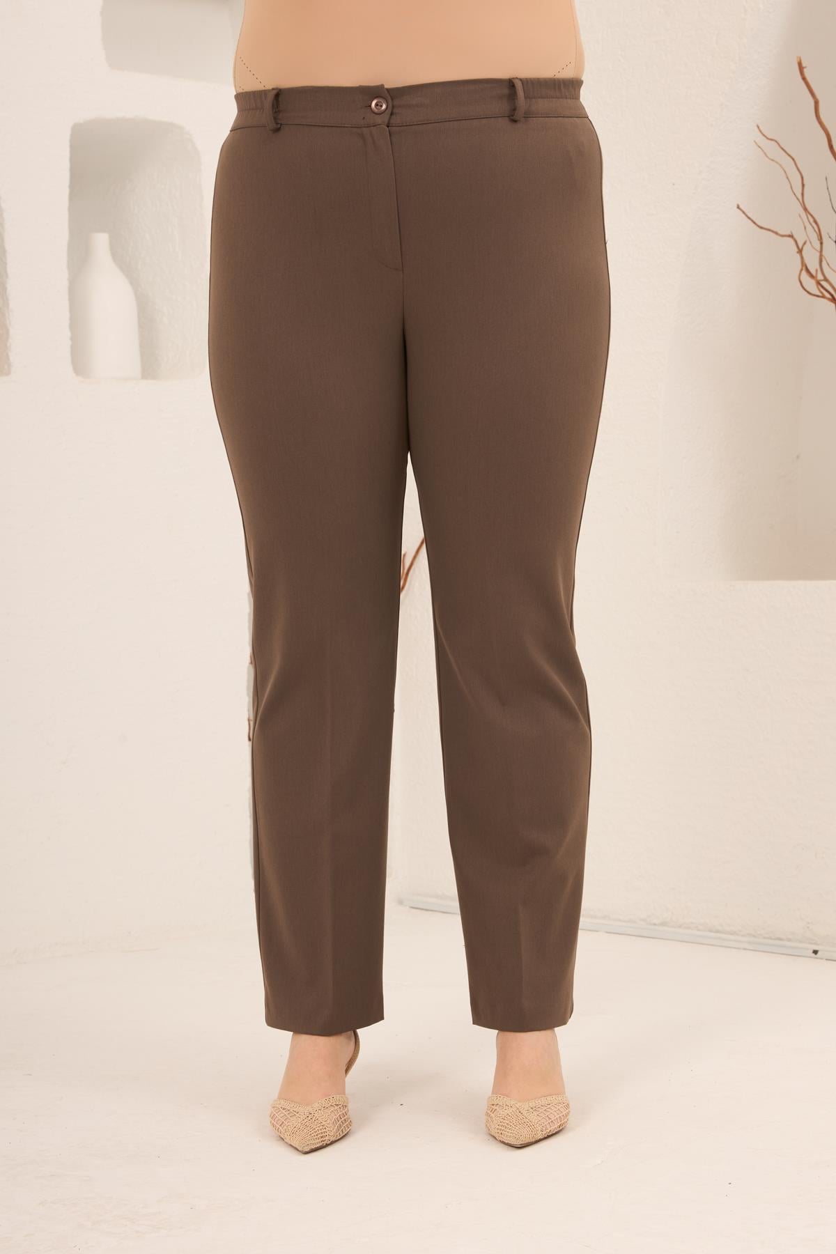 Beli Lastikli Büyük Beden Gabardin Geniş Paça Pantolon Vizon