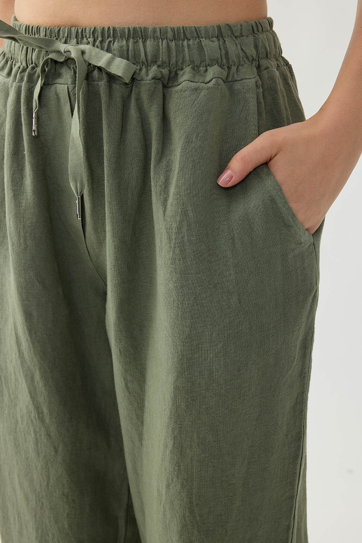 %100 Keten Beli Lastikli Cepli Geniş Paça Pantolon