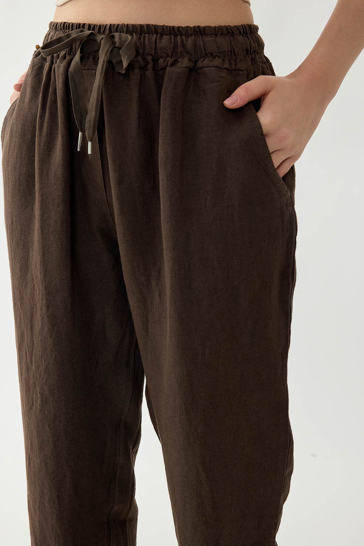 %100 Keten Beli Lastikli Cepli Geniş Paça Pantolon