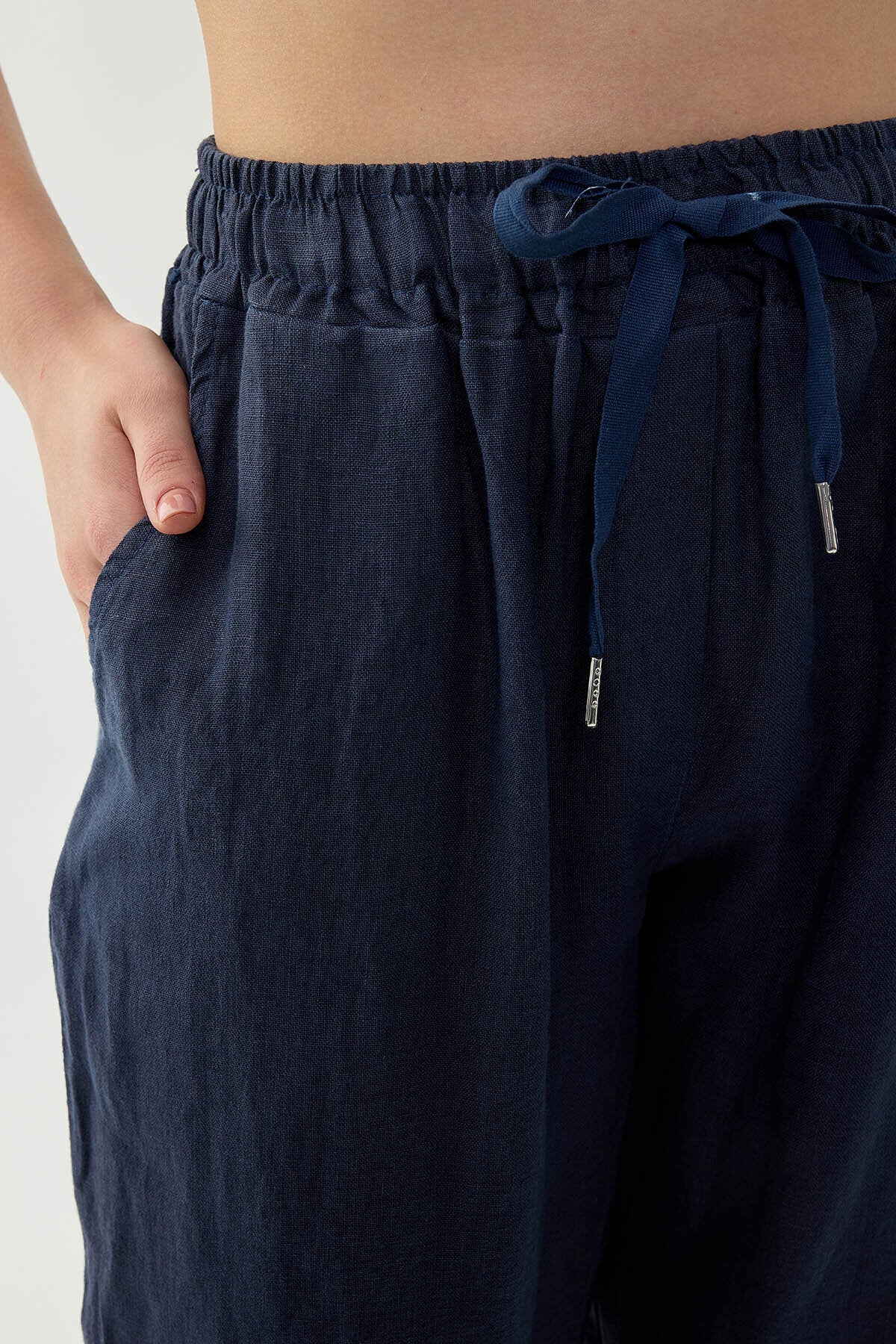 %100 Keten Beli Lastikli Cepli Geniş Paça Pantolon