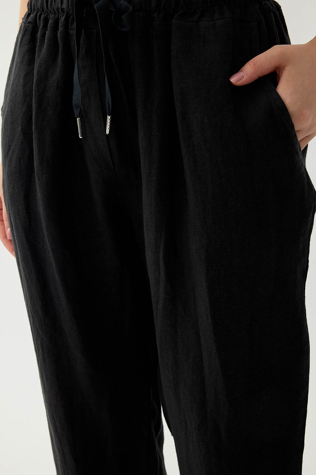 %100 Keten Beli Lastikli Cepli Geniş Paça Pantolon