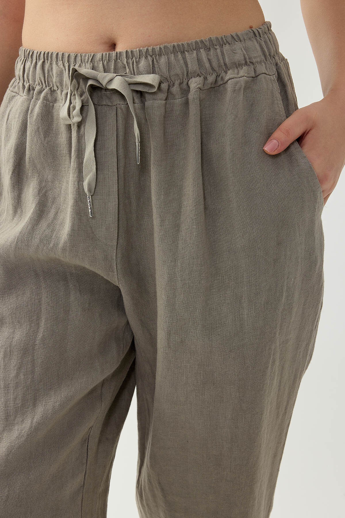 %100 Keten Beli Lastikli Cepli Geniş Paça Pantolon