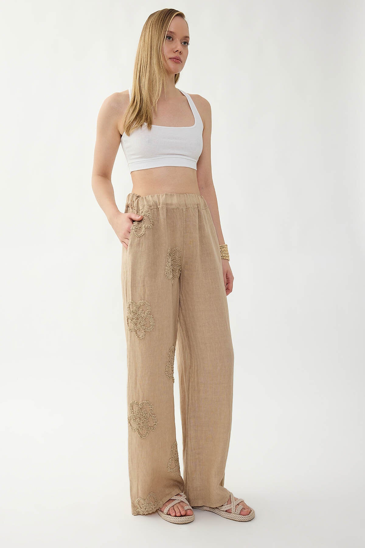 %100 Keten Beli Lastikli Çiçek Motifli Pantolon