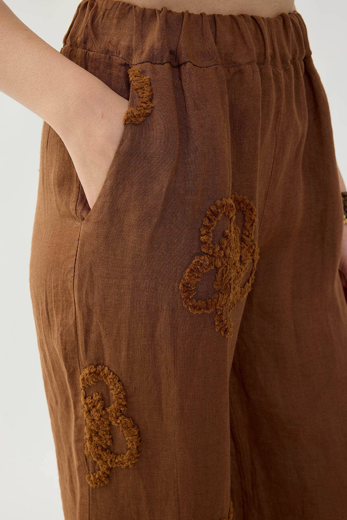 %100 Keten Beli Lastikli Çiçek Motifli Pantolon