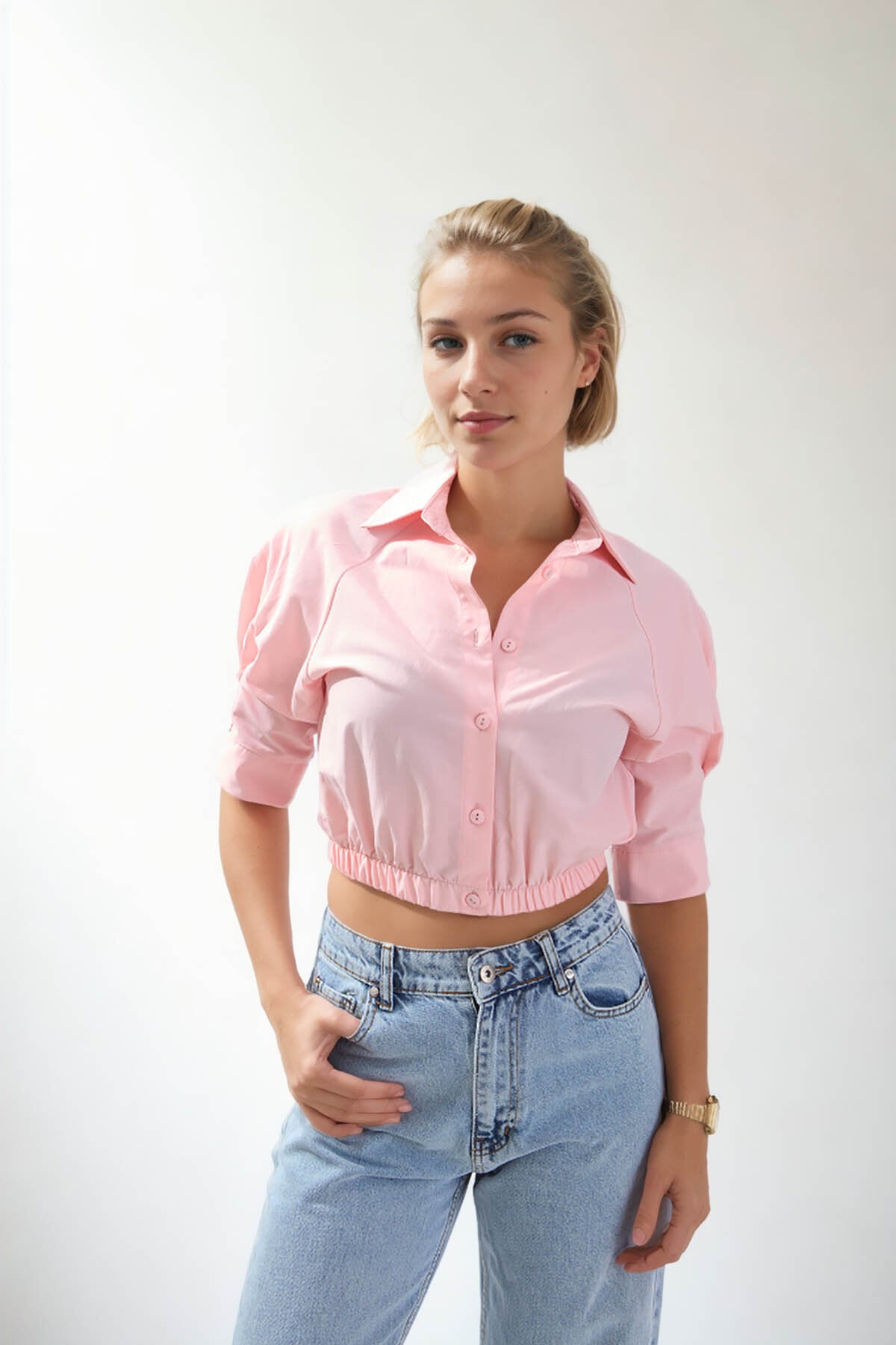 Beli Lastikli Crop Gömlek
