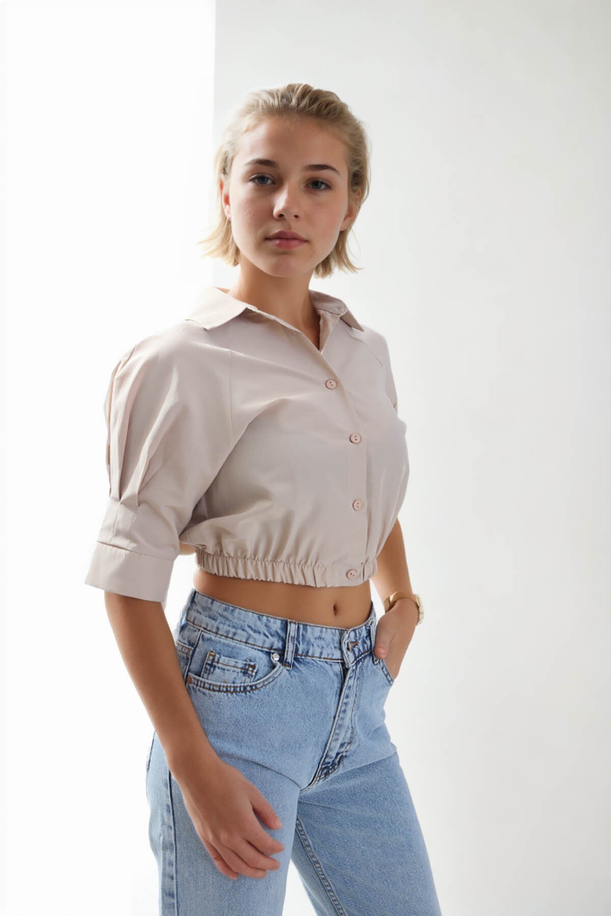 Beli Lastikli Crop Gömlek