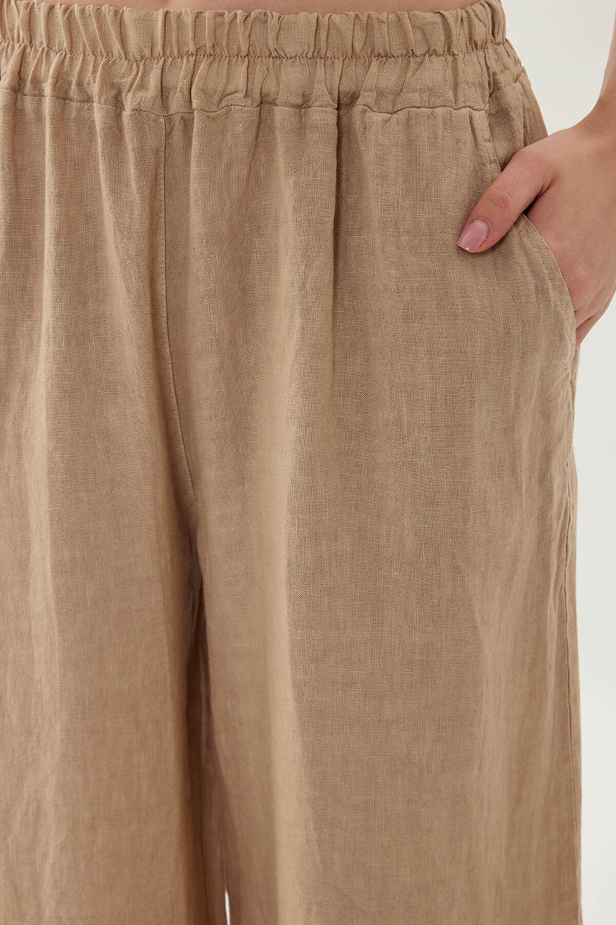 %100 Keten Beli Lastikli Paçası Fileli Pantolon