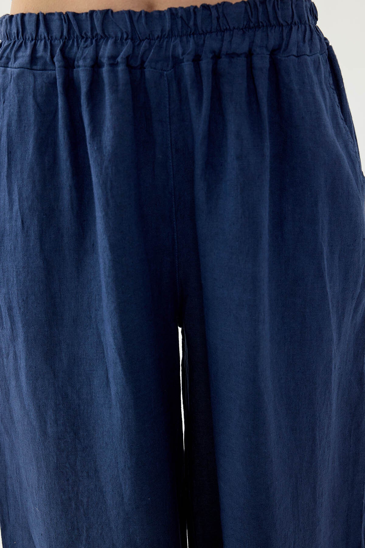 %100 Keten Beli Lastikli Paçası Fileli Pantolon