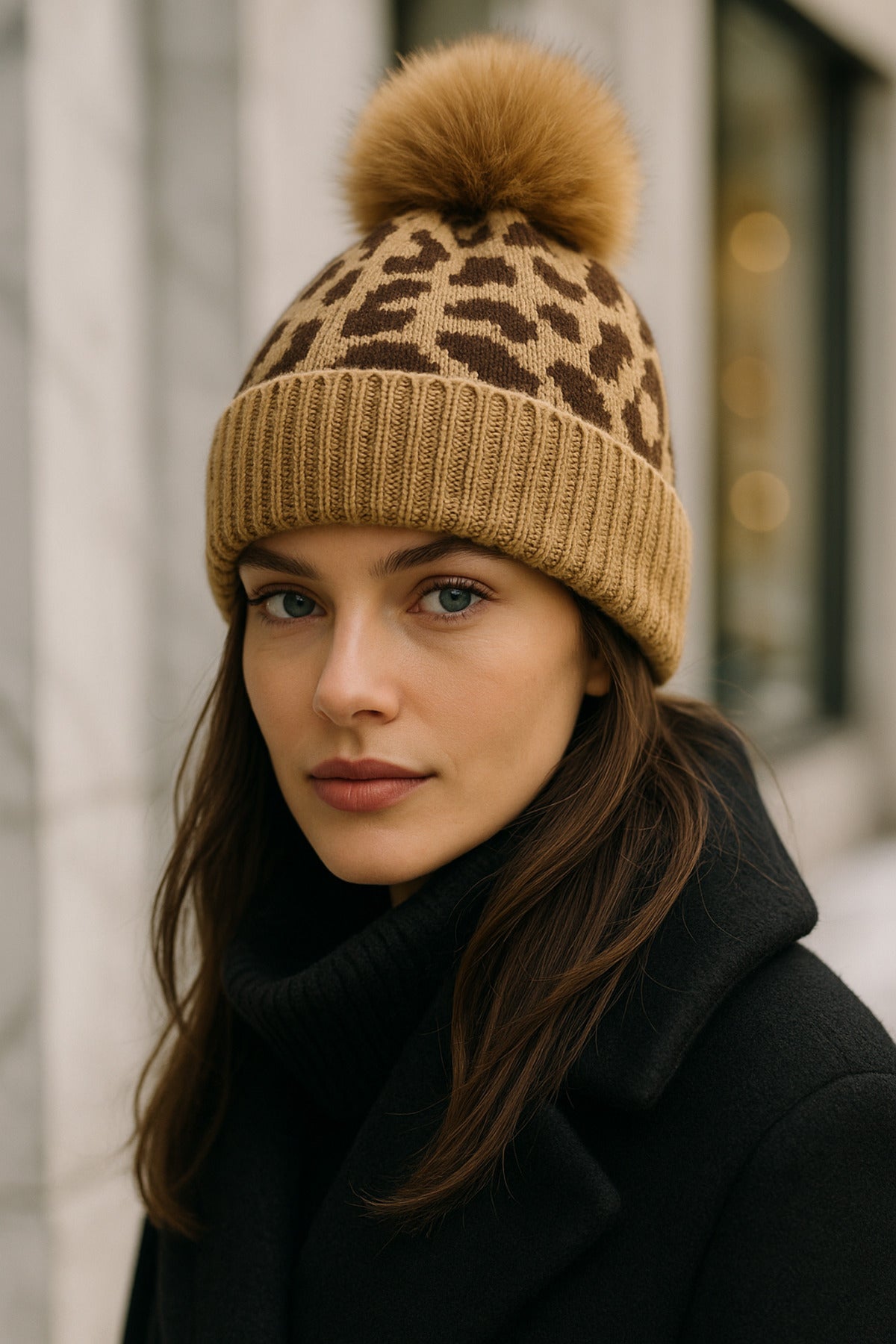 Kadın Leopar Desenli Ponponlu Yünlü Bere BERE1145