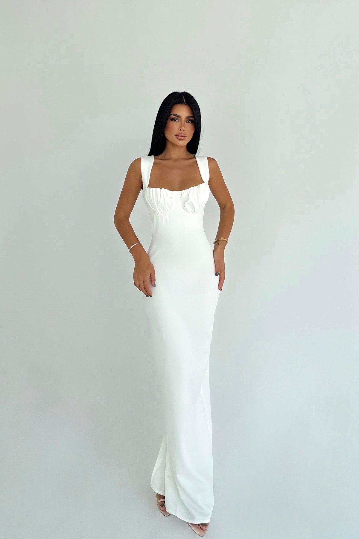 Beyaz Shawly Uzun Elbise ATE-3469