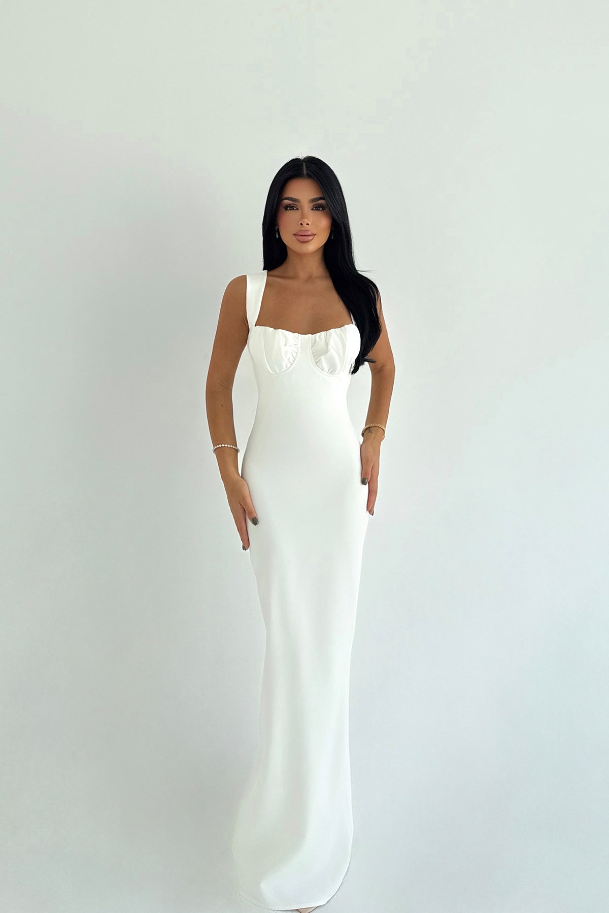 Beyaz Shawly Uzun Elbise ATE-3469