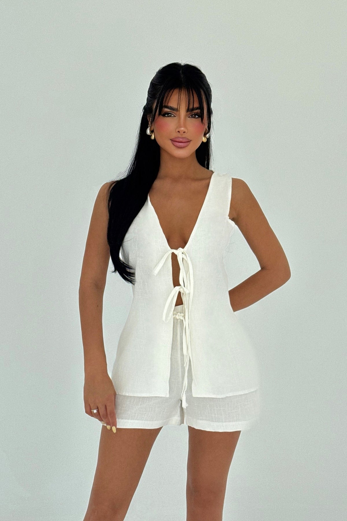 Beyaz Luiza Mini Keten Bağlamalı Takım ATE-2962