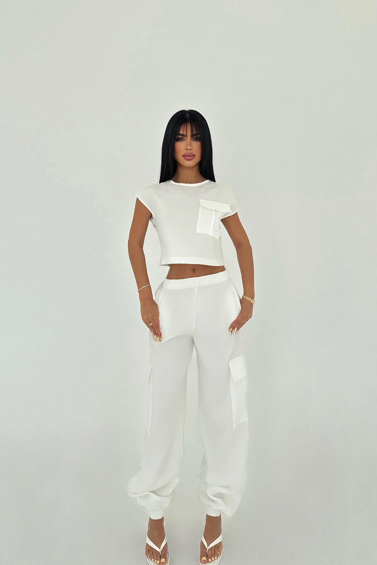 Beyaz Cep Detay Pantolonlu Takım ATE-1484