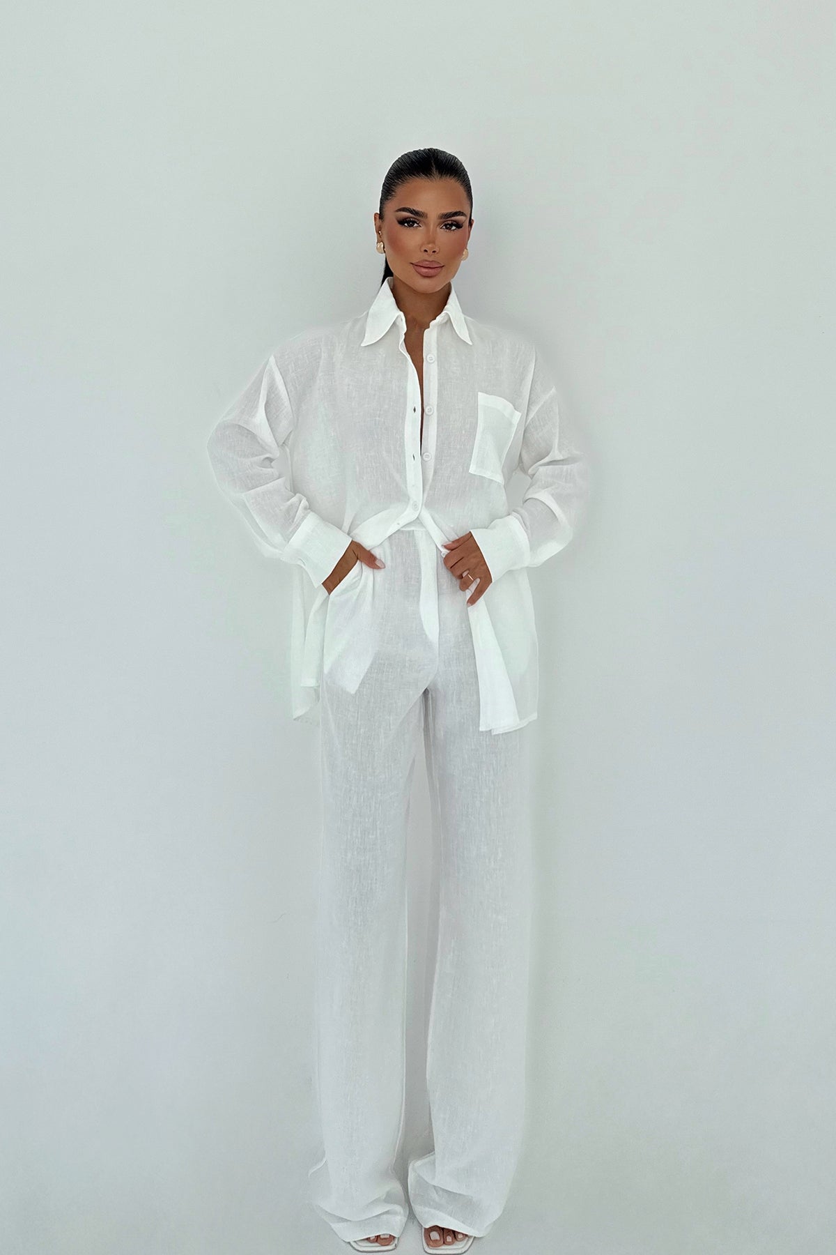 Beyaz Cep Detay Pantolonlu Takım ATE-3246